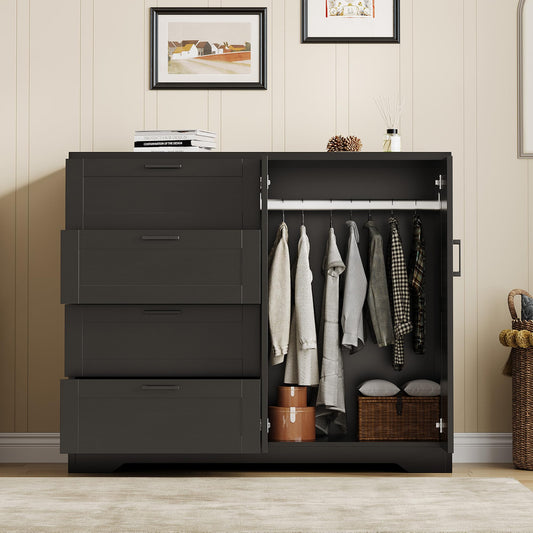IDEALHOUSE 43.3'' H Armoire Wardrobe Closet with 4 Drawers and 2 Doors, Hanging Rod, Multifunctional Wooden Dresser with Storage Closet, Bathroom Cabinet for Bedroom, Black