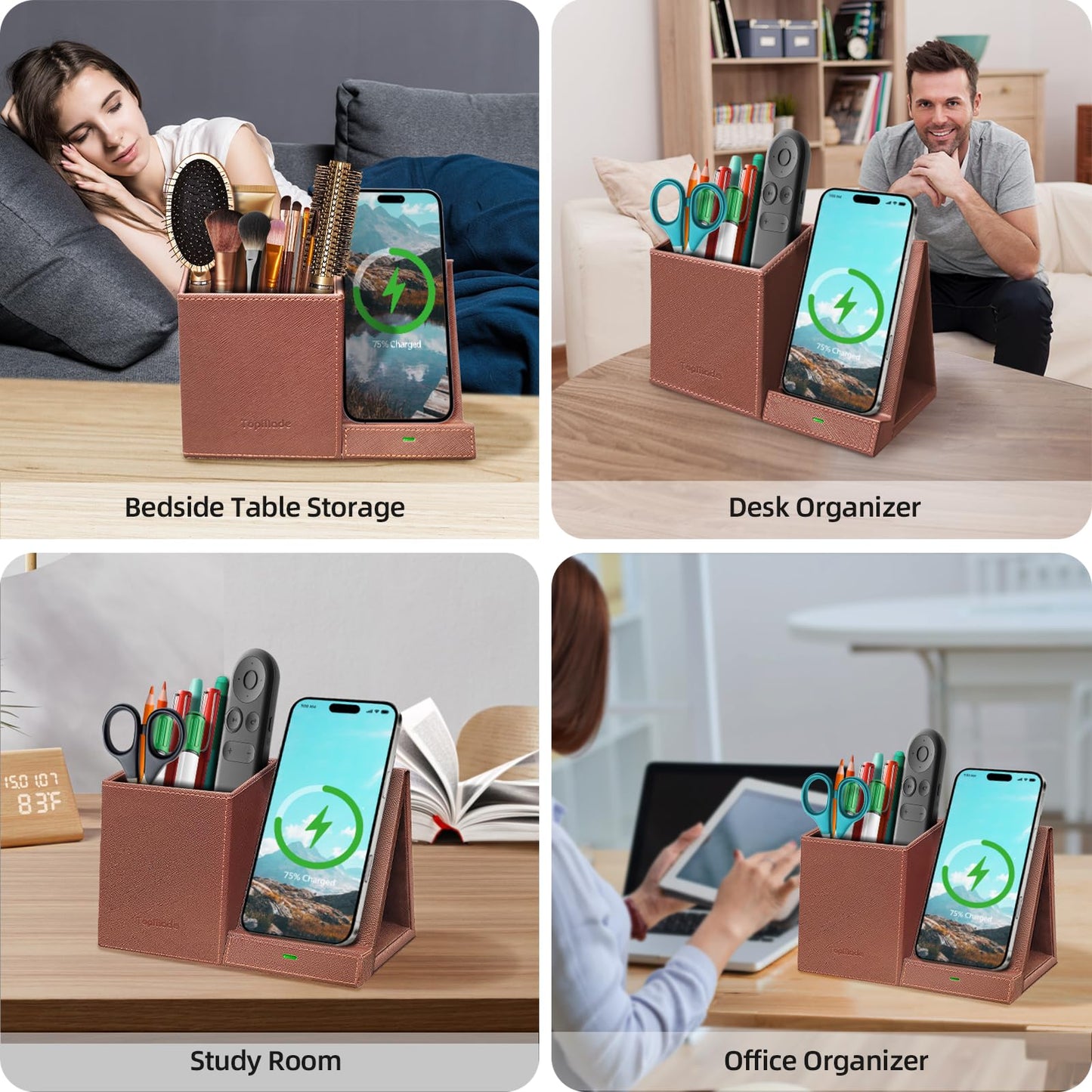 TopMade Wireless Charger with Pen Holder, Multi-functional Desktop Organizer and Storage, Home Office Supplies Desk Accessories, Pencil/Remote Holder with Fast Charging Phone Stand (Brown)