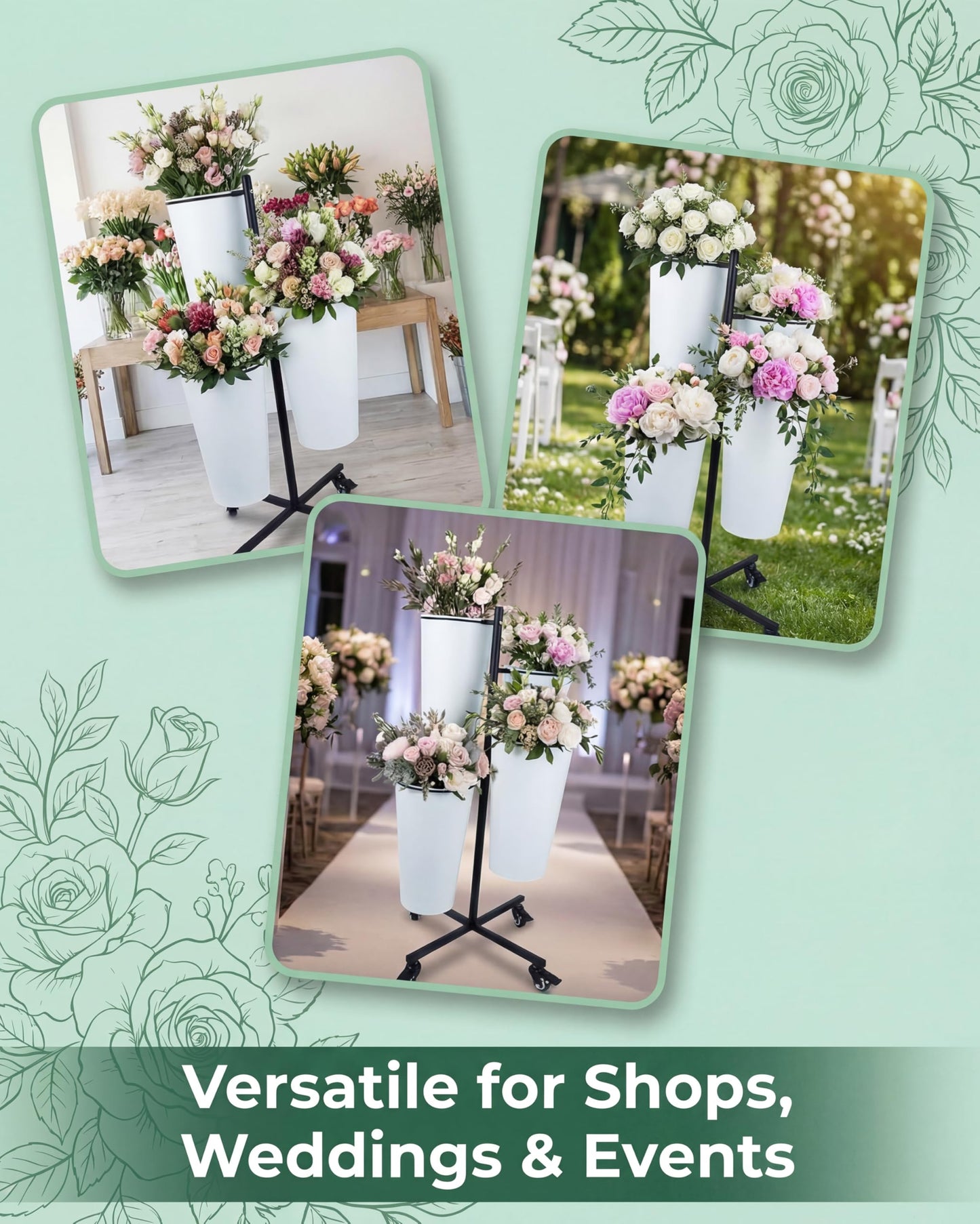 vensovo Flower Bucket Stand with 4 White Buckets, 33" Black Metal Flower Display Stand for Bloom Bar, Wedding Flower Display, Florist Shop, Event & Party Decor