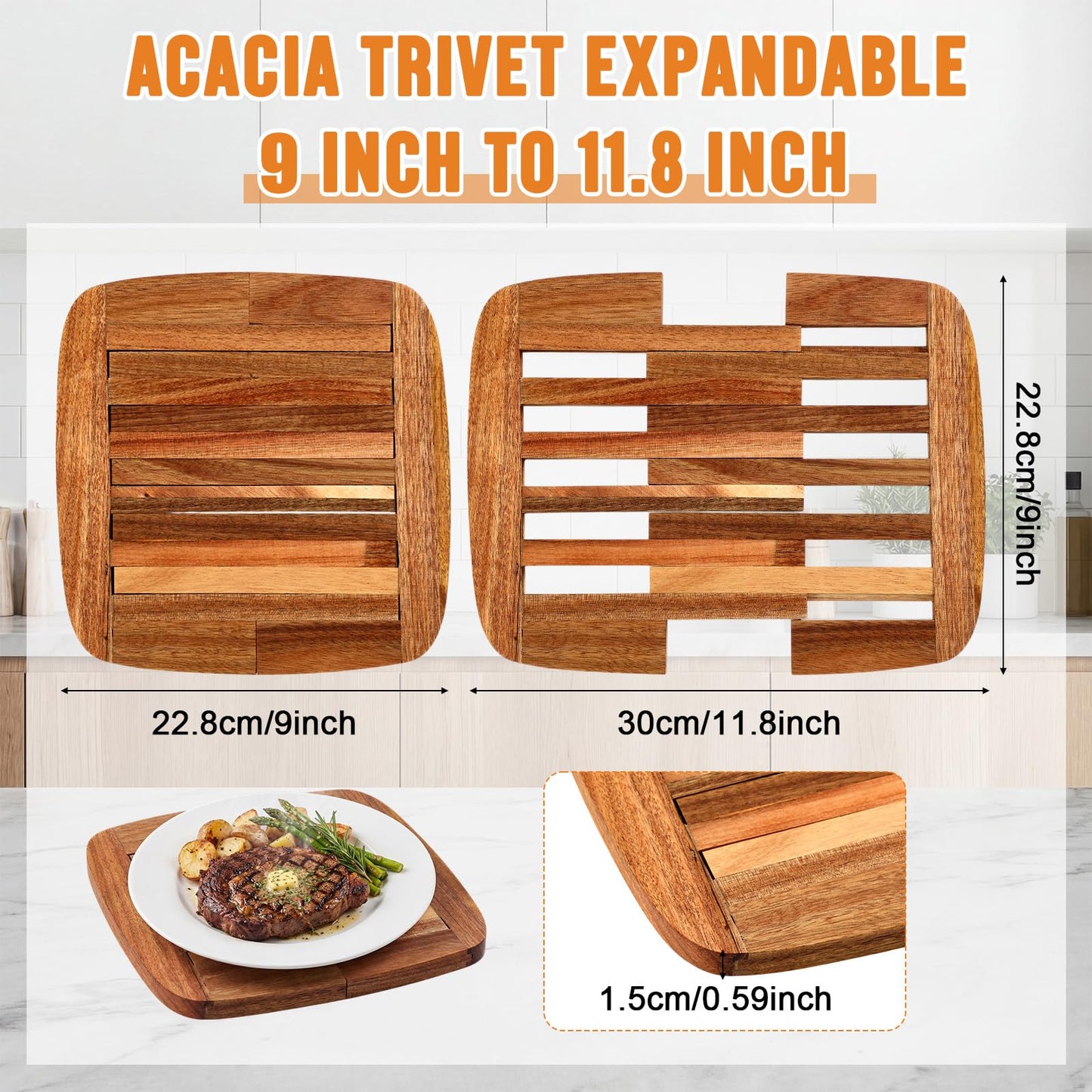 Yungyan Wood Trivet, Acacia Wood Hot Dish Holder Expandable 9 Inch to 11.8 Inch, Wooden Trivets for Hot Dishes, Bowls, Plates, Pots and Pans, Kitchen Table Protector