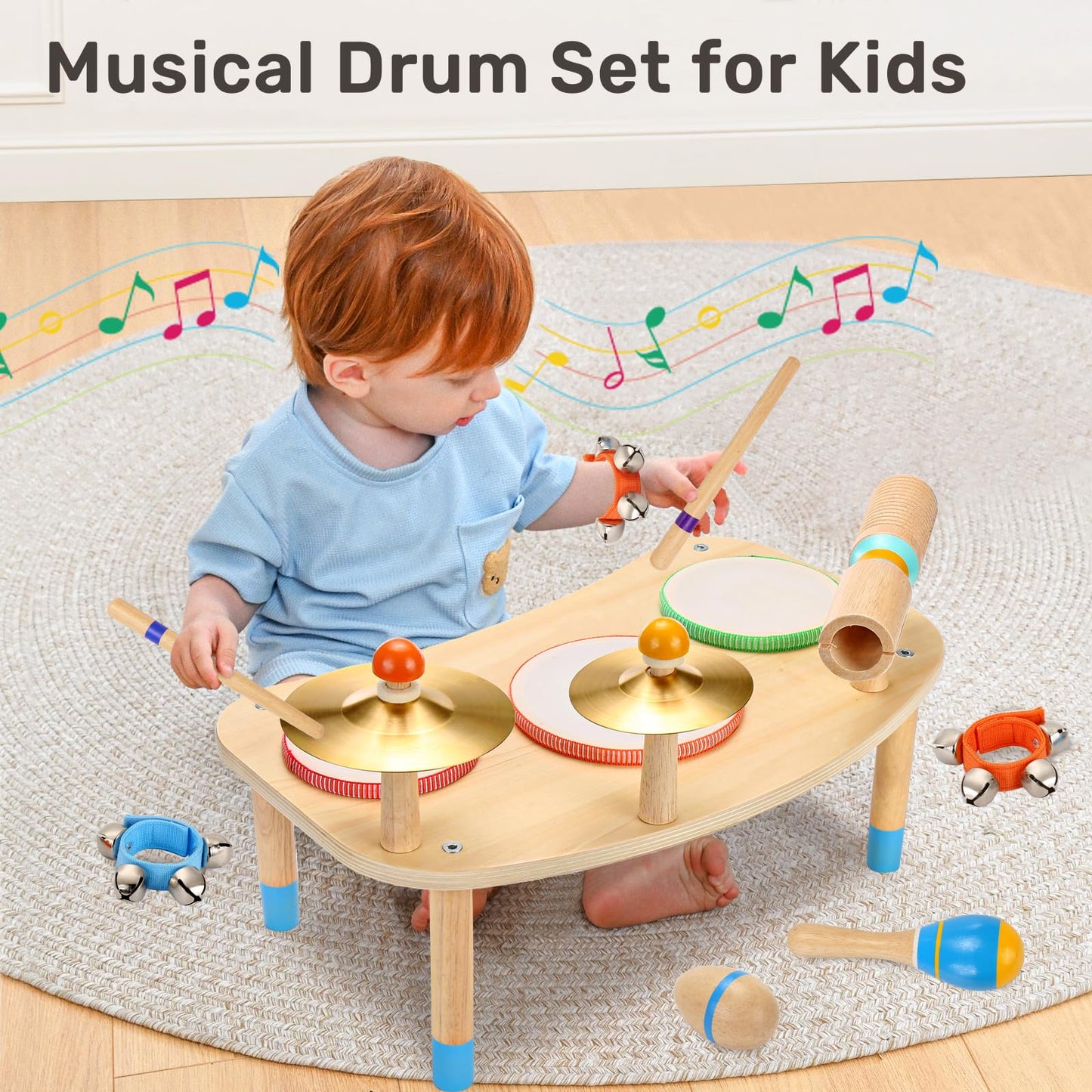 WINGYZ 11-in-1 Toddler Drum Set-Low Noise Wooden Baby Musical Instruments for Toddlers 1-3 & Montessori Musical Toys,Music Table with Bongo Drums, Cymbals, Maracas & Wrist Bells for Early Rhythm Play