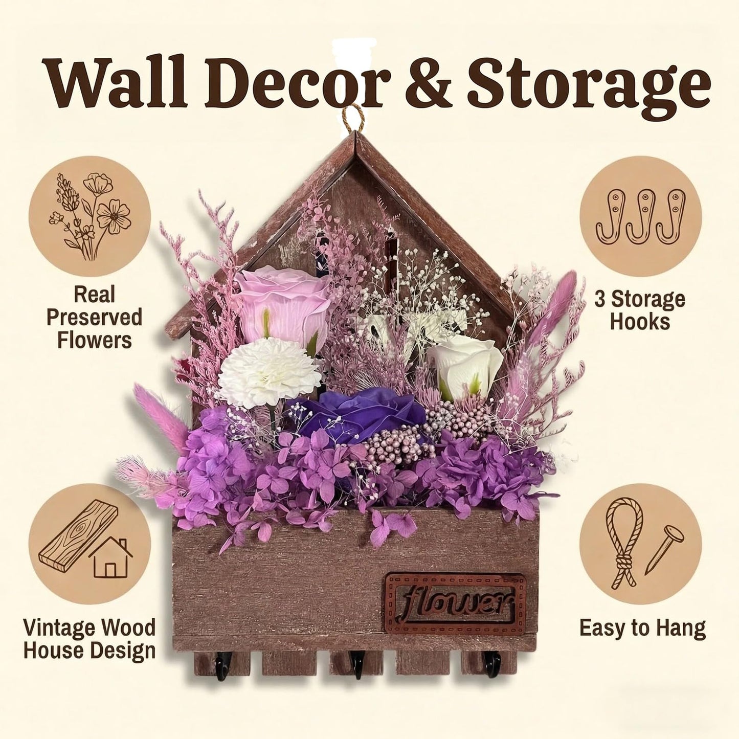 EIGHTOWN Purple Floral Wall Hooks, Farmhouse Wooden House Shape Key Holder with 3 Hooks, Artificial Soap & Dried Flower Decorative Hanger for Entryway, Living Room, Home Decor (Purple)