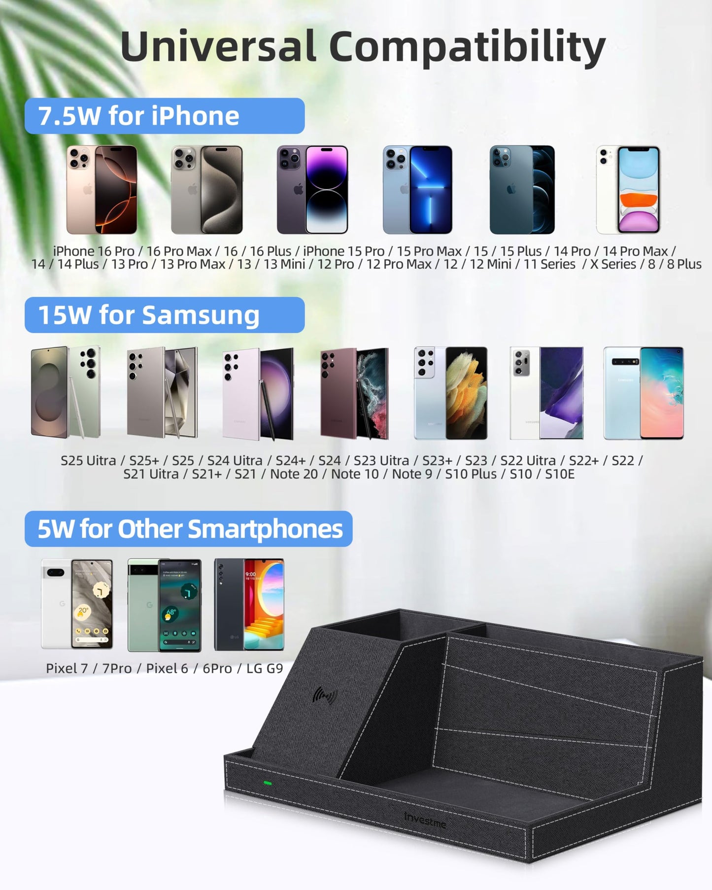 Investme Wireless Charger with Desk Organizer, Fast Charging Station for iPhone 16/15/14/13/12/11 Pro Max, Desk Phone Charger Stand, Desktop Nightstand Organizer Pen Holder for Home Offfice Supplies