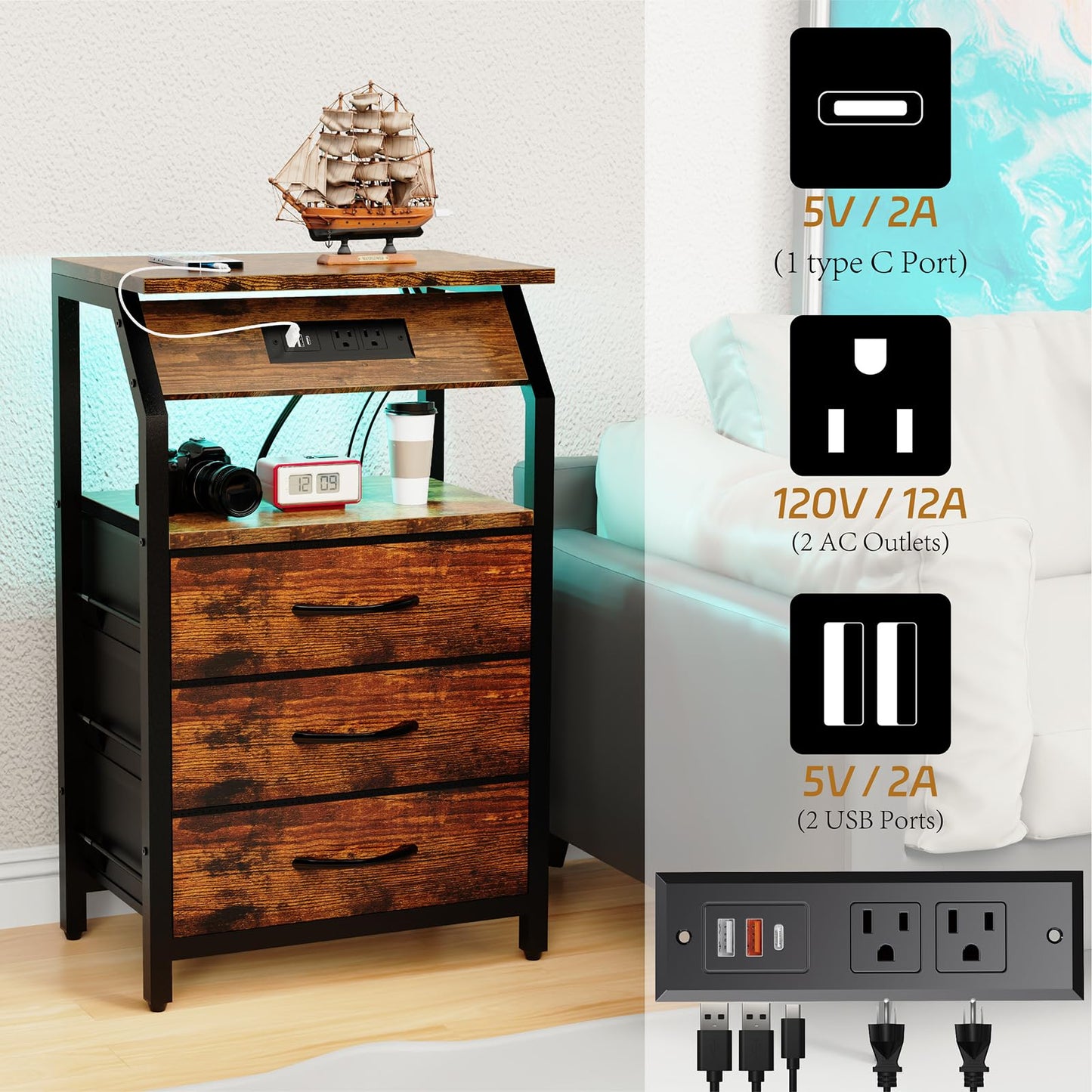SZLHANJZ End Table with Charging Station, Nightstand with LED Lights and 3 Drawers, Small Night Stand with Fabric Storage, Retro Side Table for Bedside, Living Room Dorm, Rustic Brown