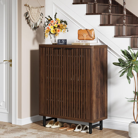 Tribesigns Farmhouse Shoe Cabinet with Shutter Doors, Large 6-Tier Wooden Shoe Organizer Rack with Adjustable Shelves, Modern Hidden Storage Furniture for Entryway, Hallway (Dark Walnut)