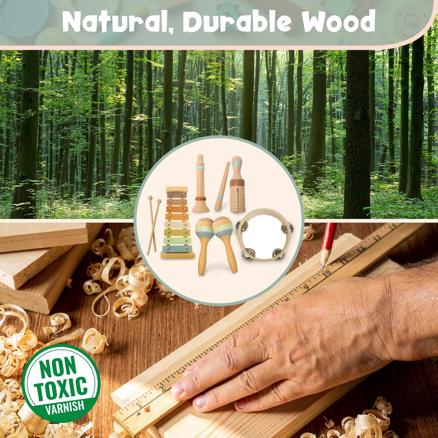 Stoie's Wooden Toddler Musical Instruments with Xylophone, Maracas, Triangle, Tamburine for Babies and Kids, Eco Friendly Montessori Educational Toy