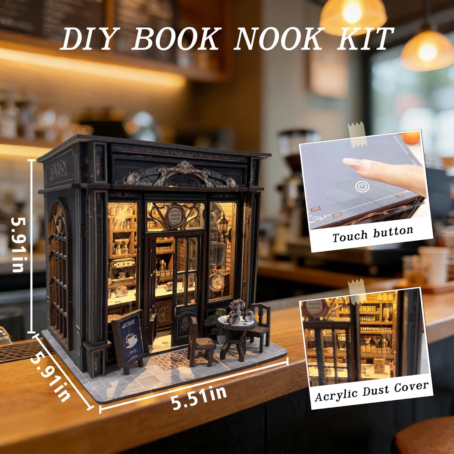 Coffee Shop Book Nook Kit, DIY Miniature House Kit with Led Light for Adult and Teens, 3D Wooden Puzzles Book Nook, Tiny House, Gifts for Family and Friends (with Assembly Manual)
