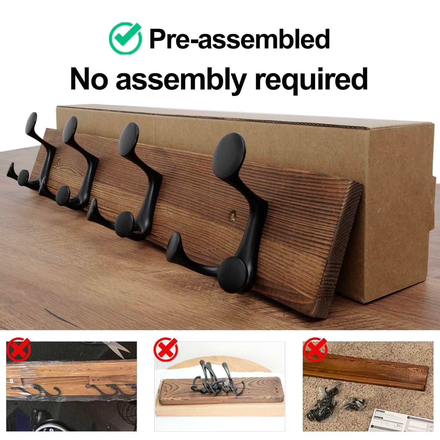 WEBI Coat Rack Wall Mount,24" Solid Wood Coat Hooks Wall Mounted Coat Hanger,16" Hole to Hole,Heavy Duty Hook Rack,4 Triple Hooks for Hanging Coats,Jacket,Hat,Backpack,Farmhouse,Brown