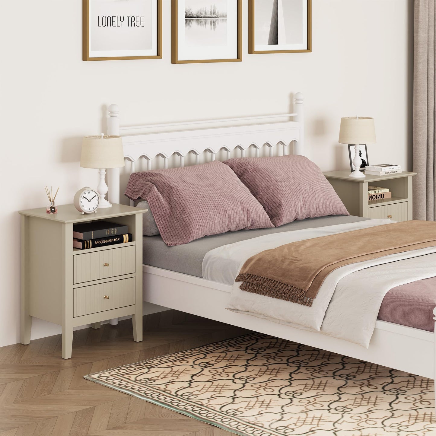 May in Color Beige Fluted Nightstand with 2 Drawers Set of 2, Modern Wooden Sofa Table with Storage for Small Spaces, Tall End Table for Bedroom,Living Room