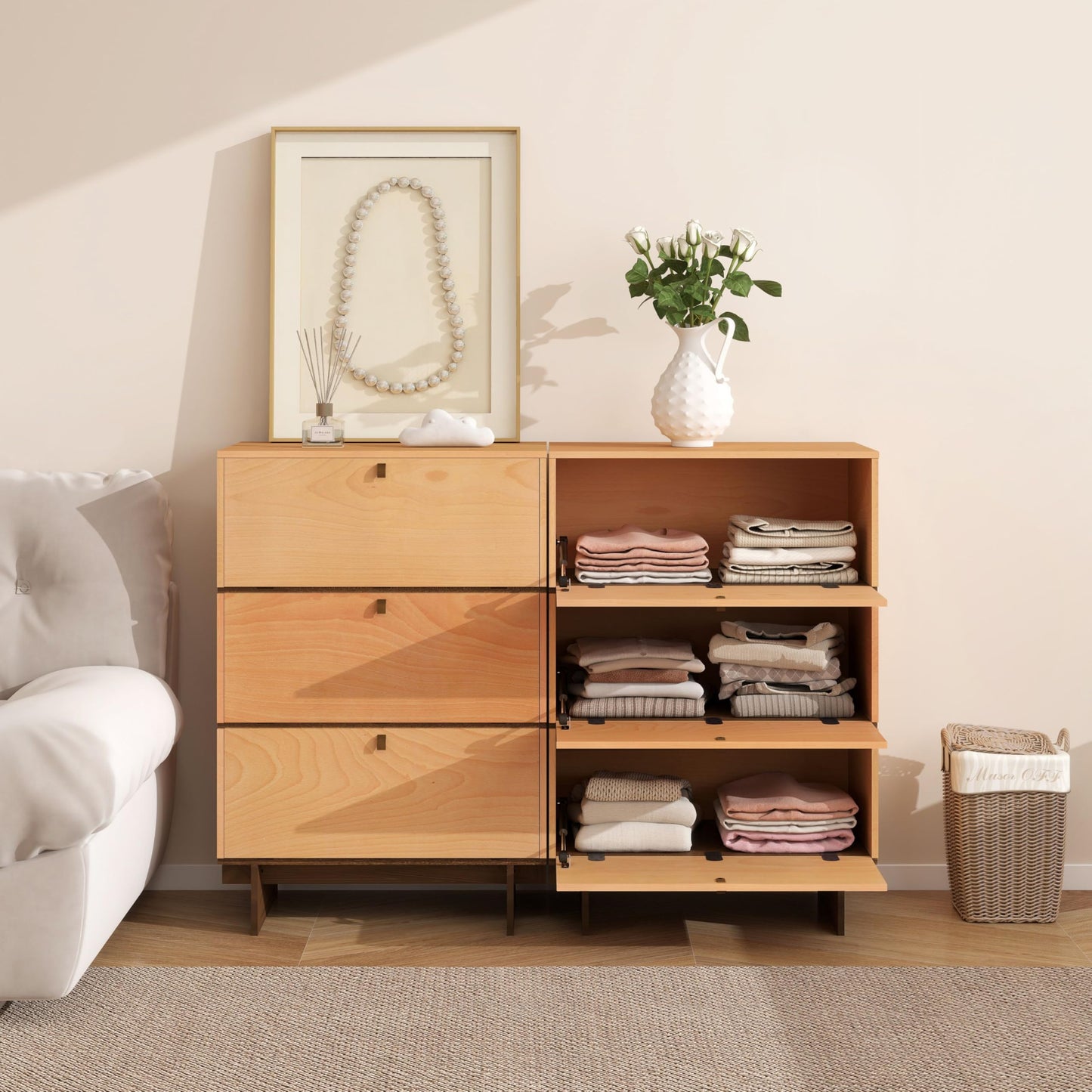 WHOOSPEREH 3 Drawers Dresser, 15" D x 23.6" W x 34.8" H in Mid Century Modern Chest of Drawers, Wooden Storage Cabinet for Bedroom, Closet, Beech Basswood Duet Color