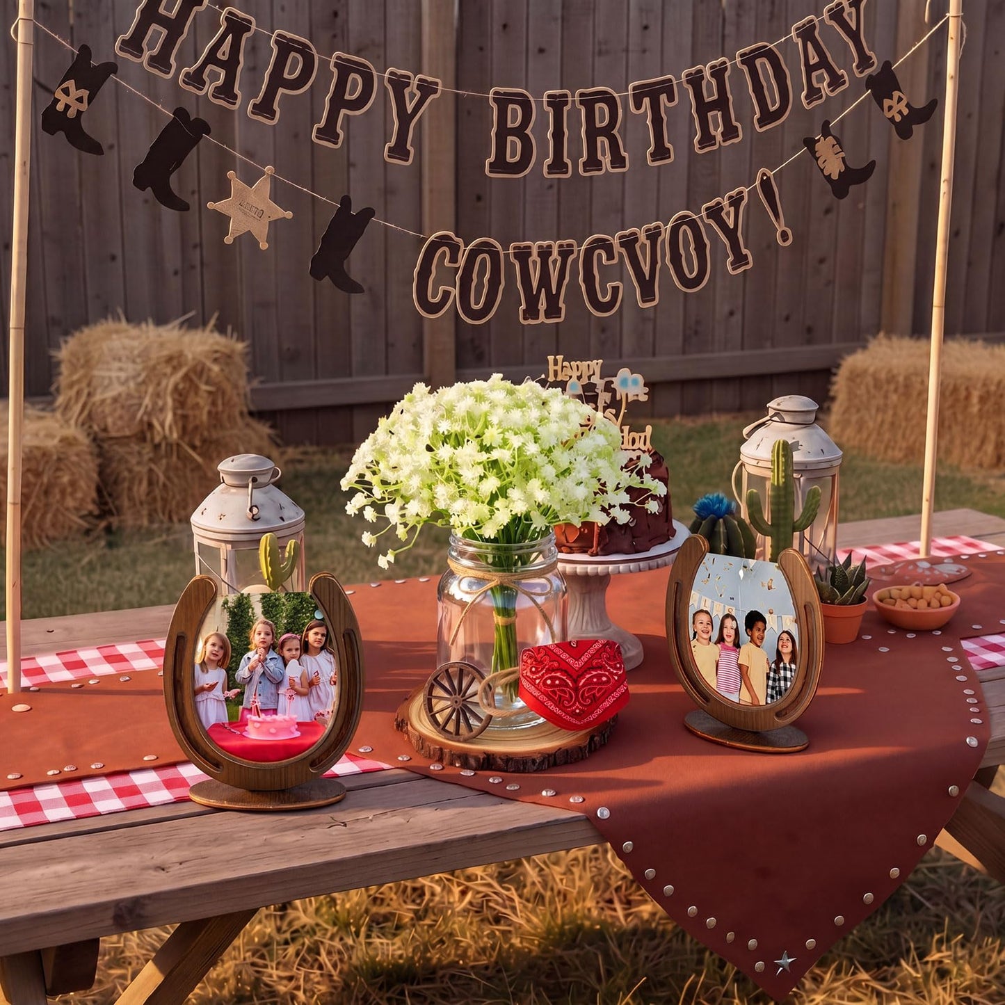 Bucherry 6 Sets Western Cowboy Centerpieces for Table Wild Cowgirl Rodeo Party Decorations with Wood Chips Wheels Mason Bouquets Ropes Horseshoe Headscarves for Wedding Party Birthday Decor(Classic)