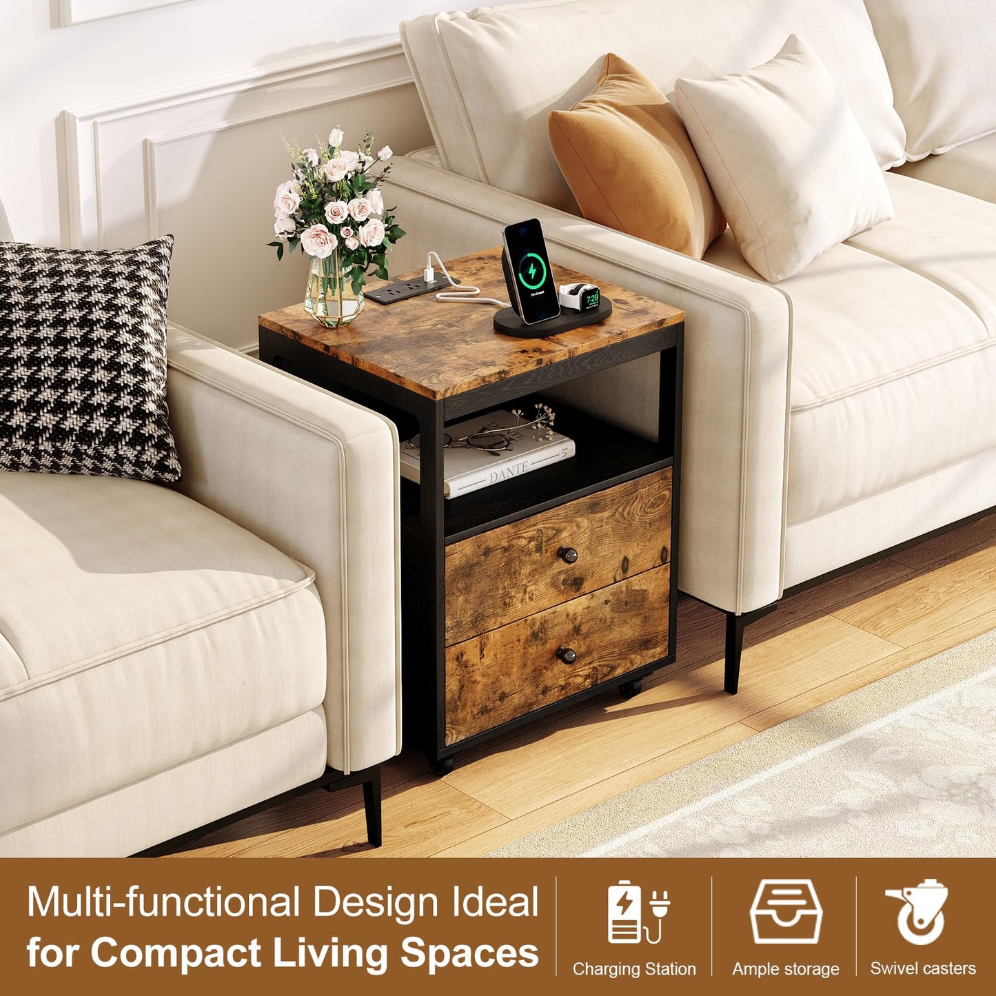 Tbimercftra Bedroom Nightstand with Charging Station, Side Table with 2 Drawers,Sofa End Table Living Room with Wheels for Living Room Bedroom Office(Rustic Brown + Black)