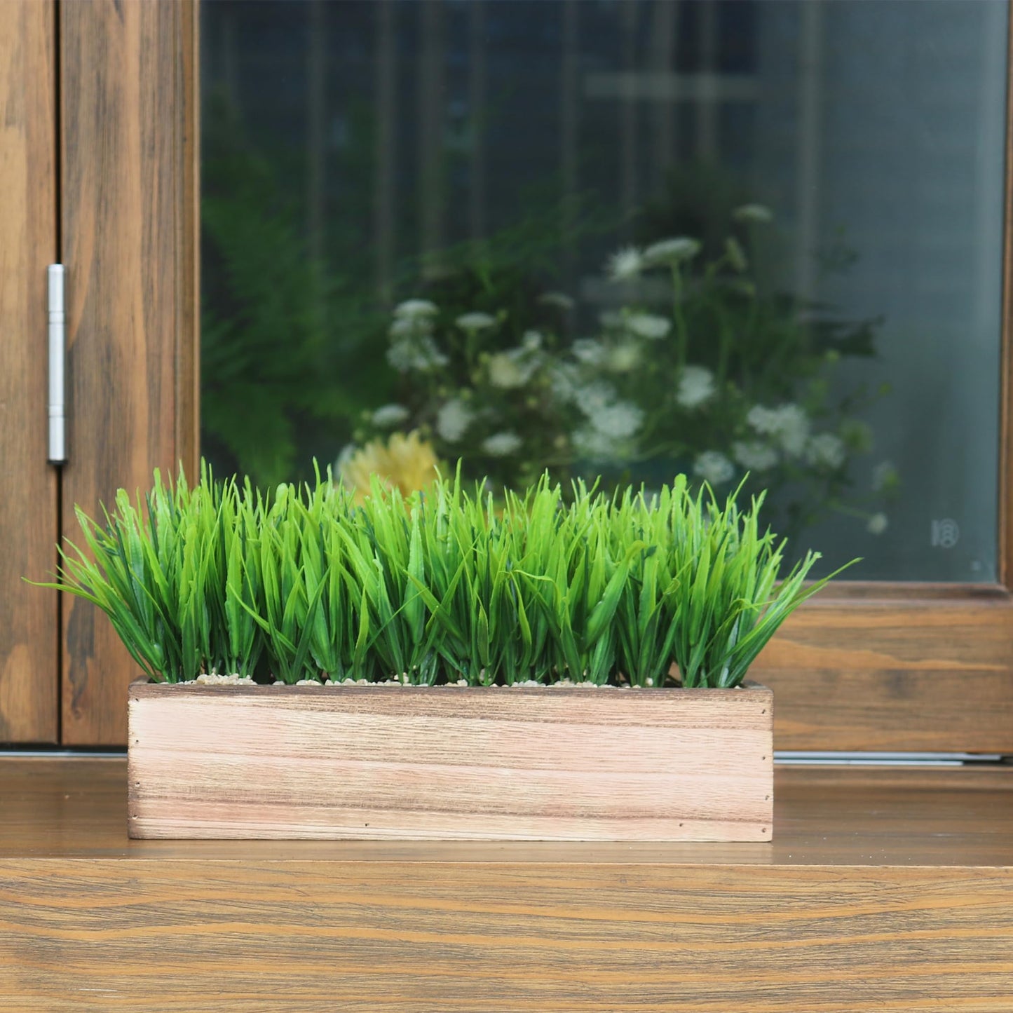 COTSEN 11 Inch Artificial Green Grass Plant Fake Potted Plant Rectangular Wooden Planter Box are Suitable for Family Office Wedding Store Indoor Outdoor Decor