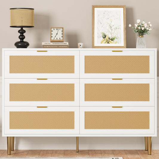 Garvee Rattan 6 Drawer Dresser, 42.5''W Wood Dresser, Chest of Drawers with Gold Legs and Handles, Double Dressers with Large Tabletop and Anti-Tipping Design for Bedroom, White