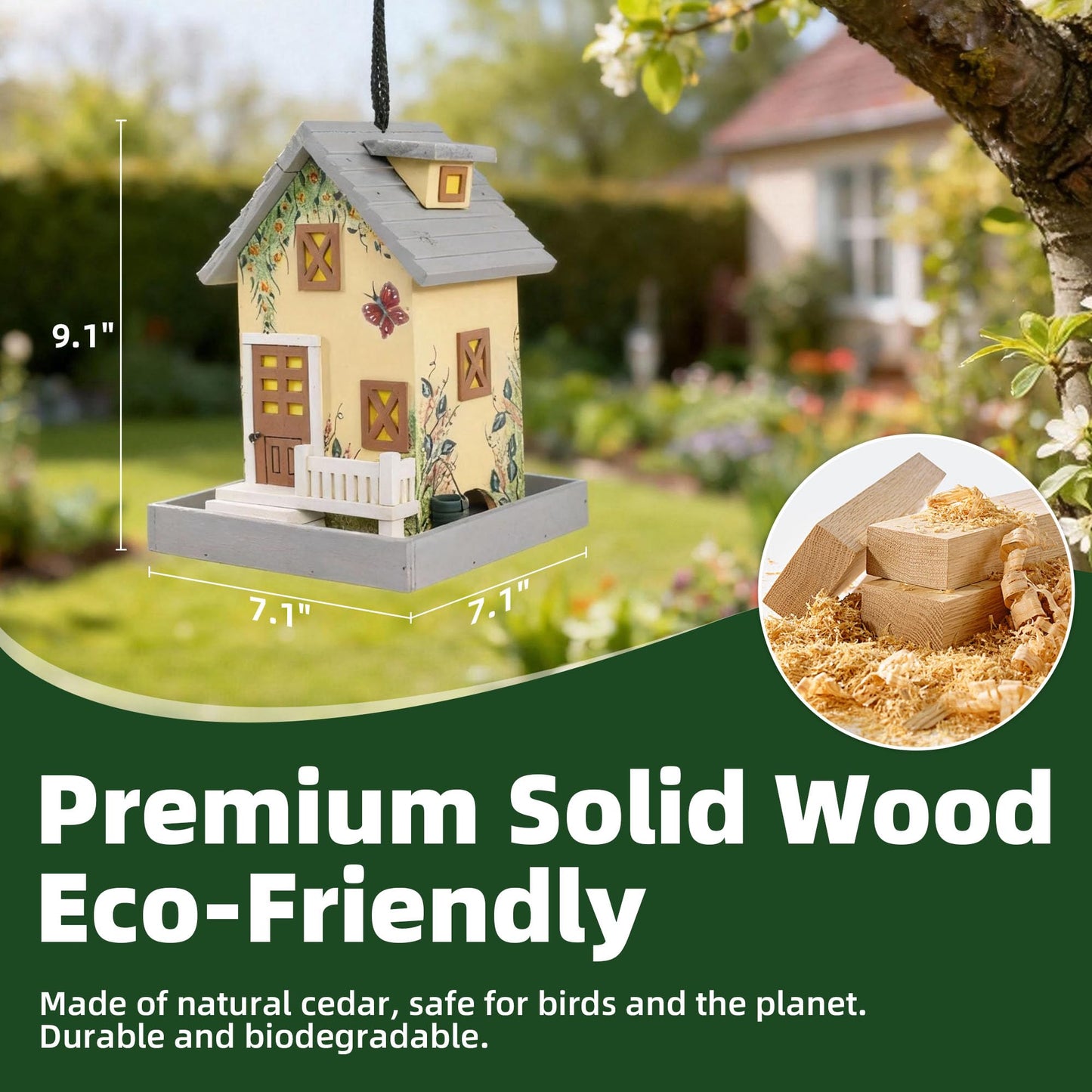 MEWANG Outdoor Hanging Bird Feeder, Decorative Wooden Bird House Without Camera for Hummingbirds, Cardinals & Bluebirds (Light Yellow)