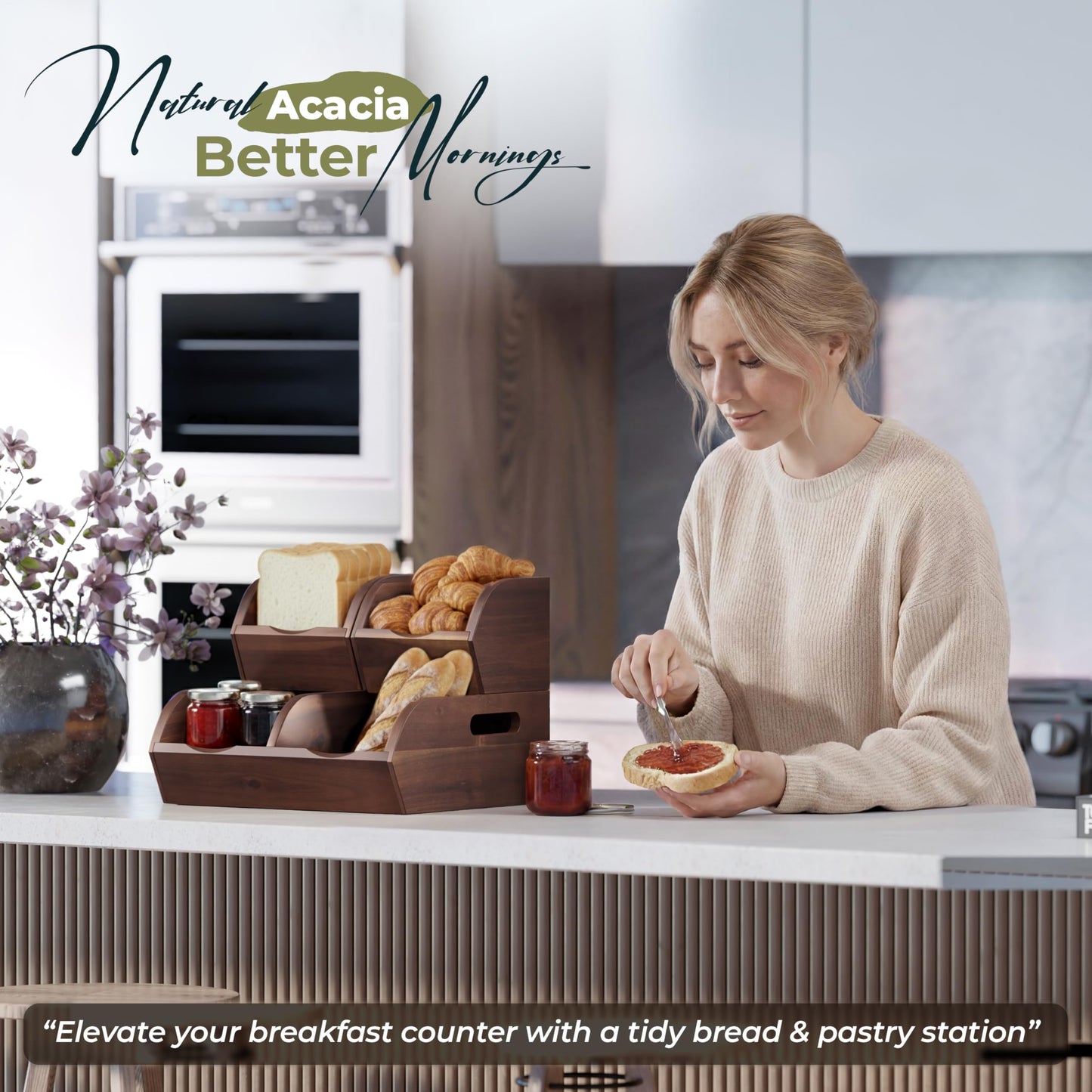 NAGAWOOD Acacia Wood Pantry Storage Bins - Stackable Open Front Kitchen Baskets with Airflow Vent for Potato, Onion, Fruit, Vegetable, and Bread Storage, Wood Organizer for Pantry and Countertop