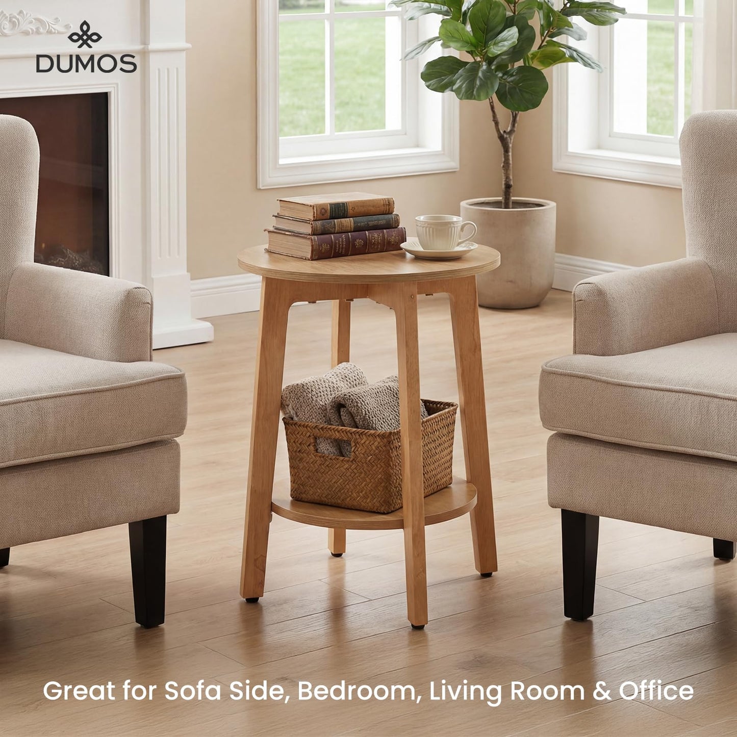 DUMOS Bedside End Table for Small Spaces, 2-Tier Boho Accent Side Table with Storage Shelf, 15.8" Wood Modern Nightstand for Living Room, Bedroom, Home Office, Natural Wood