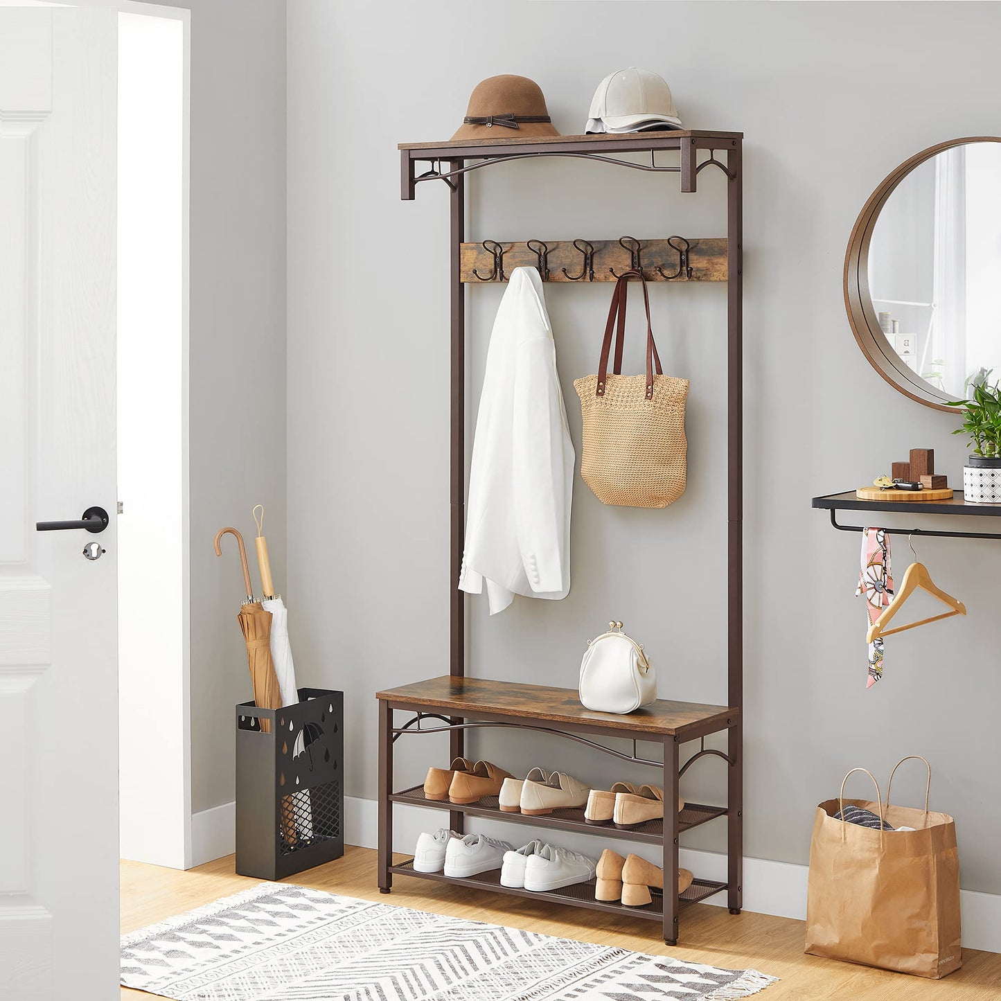 VASAGLE Coat Rack, 3-in-1 Hall Tree, Entryway Shoe Bench Coat Stand, Storage Shelves & Shoe Bench Rack, 3-Tier Storage Shelf for Entryway Hallway Living Room, Industrial Accent Furniture