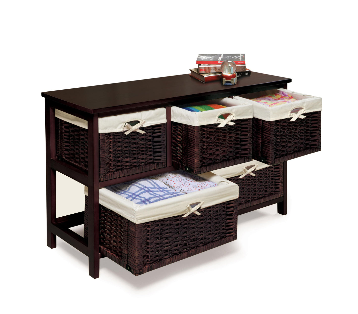 Badger Basket Five-Basket Storage Unit with Wicker Baskets and Washable Liners, Organizer for Toys, Clothes, and Household Items, Sturdy Wooden Frame - Espresso Finish
