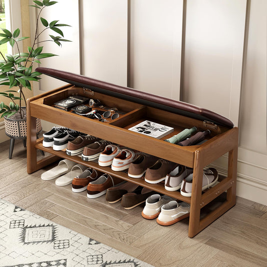 Shoe Rack Bench with Hidden Storage, 2-Tier Solid Rubberwood Entryway Bench with Soft Leather Cushioned Seat & Flip-Top Storage, 330lbs Capacity, Wooden Shoe Organizer for Hallway, Closet, Foyer
