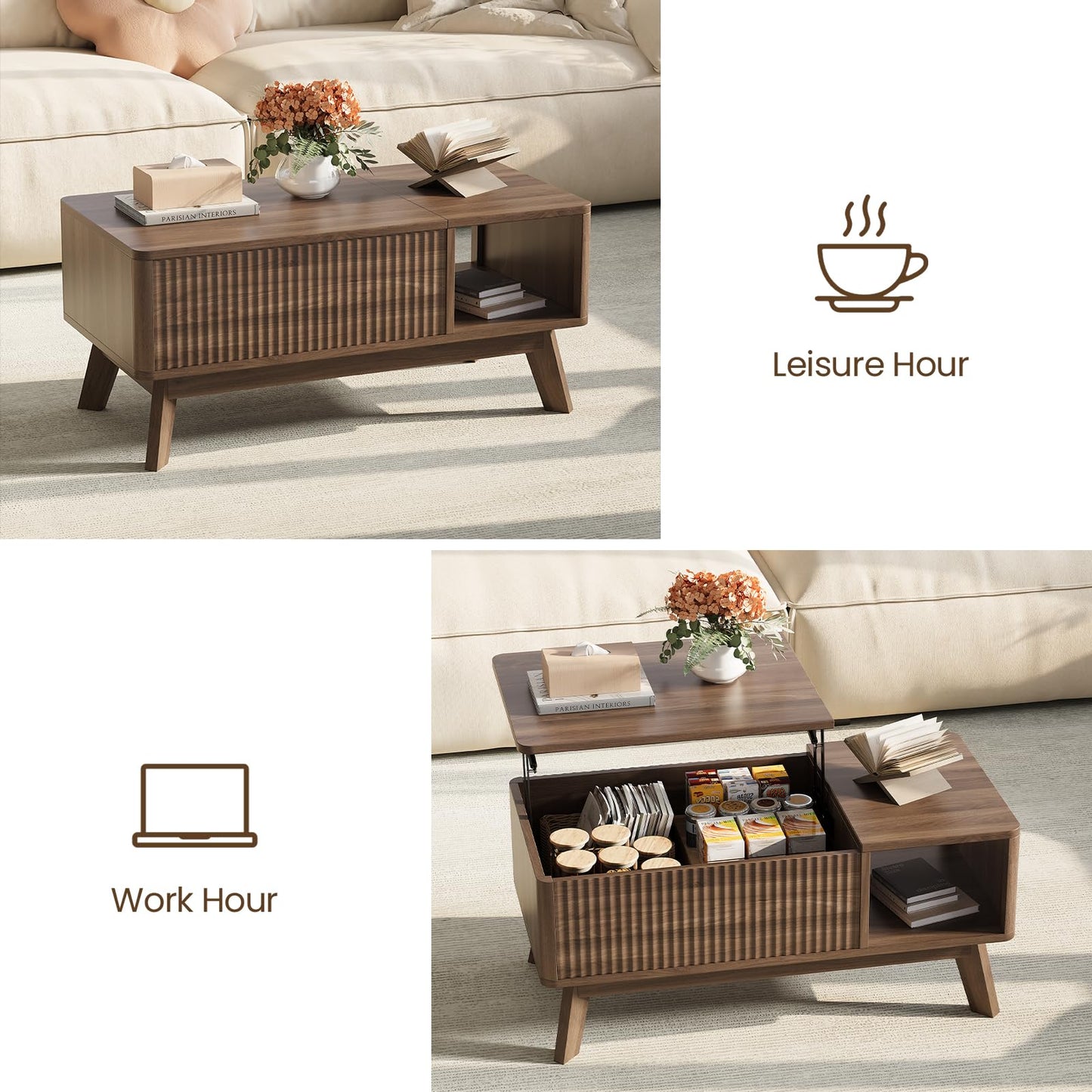 TROJM Wood Lift Top Coffee Table with Hidden Compartment and Large Storage Shelf, Lift Tabletop Dining Center Table for Home Living Room Office,Walnut