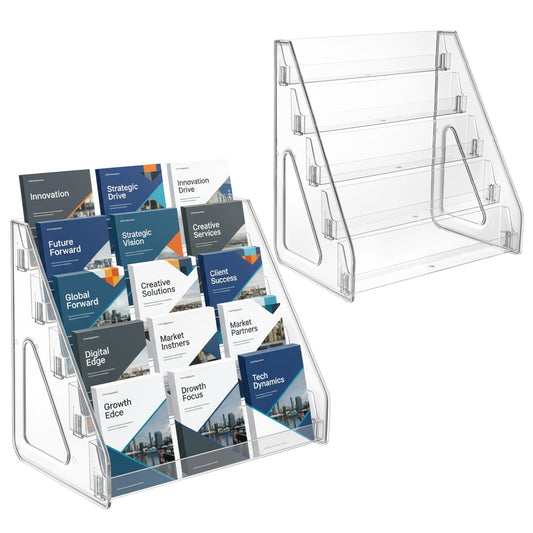 GYSLEOT 2 Pack 5-Tier Acrylic Brochure Holder 12x13 Inch Countertop Pamphlet Display Stand & Literature Organizer, Tiered Desk Rack for Office Home Store Flyers Booklets Table Signs