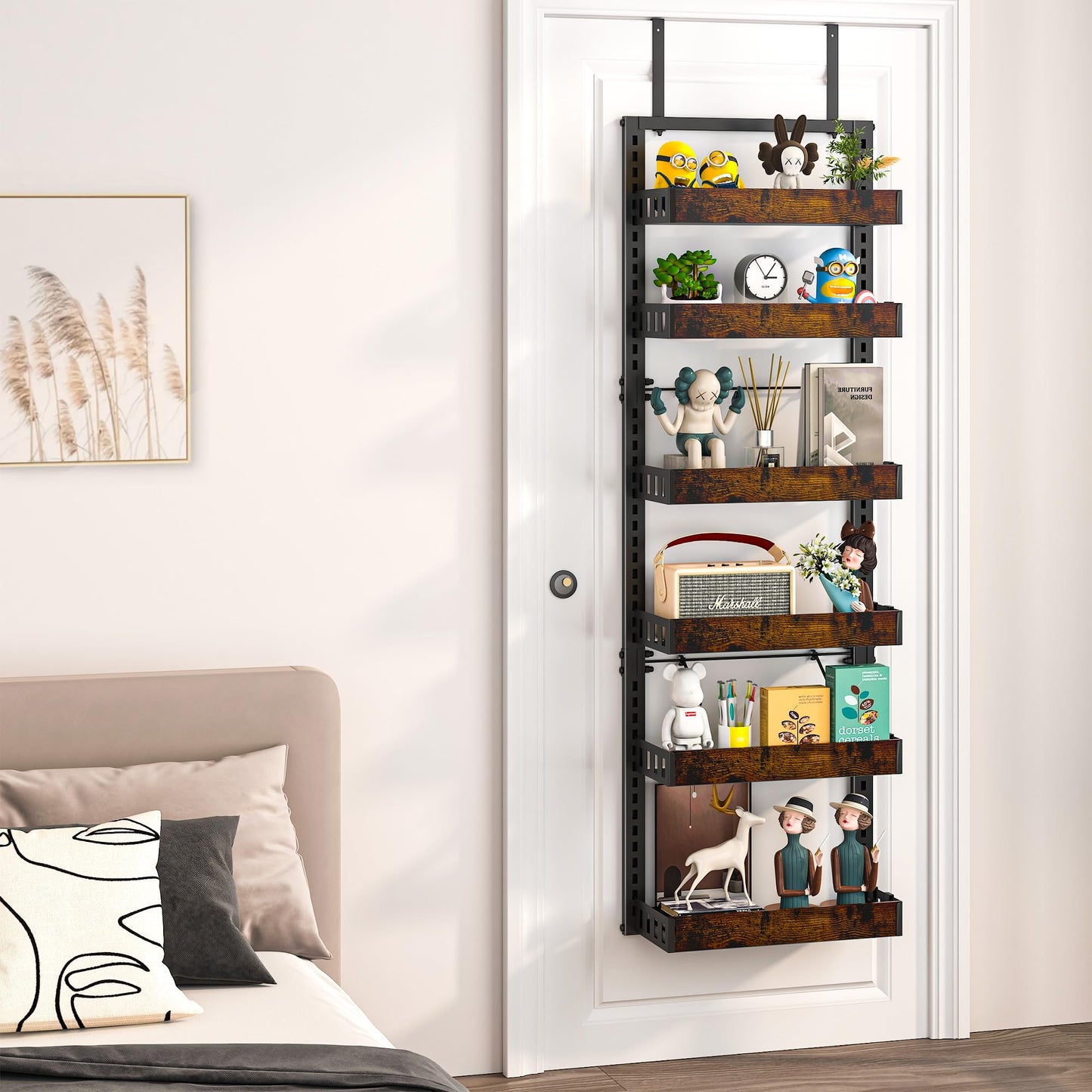 BUKFEN 6-Tier Over the Door Pantry Organizer, 2-in-1 Door Hanging or Wall Mounted Spice Rack with Adjustable Wooden Baskets, Heavy Duty Metal Storage Shelf, 12 Hooks for Kitchen, Bathroom, Closet