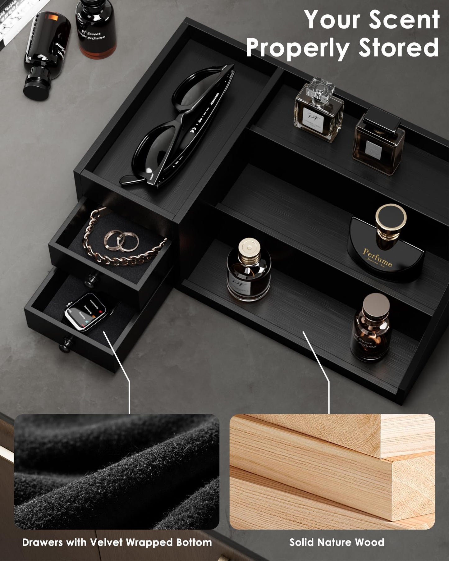 ProCase 2 Layers Valet Tray Gift for Men Bundle with 3-Tier Wooden Cologne Organizer for Men