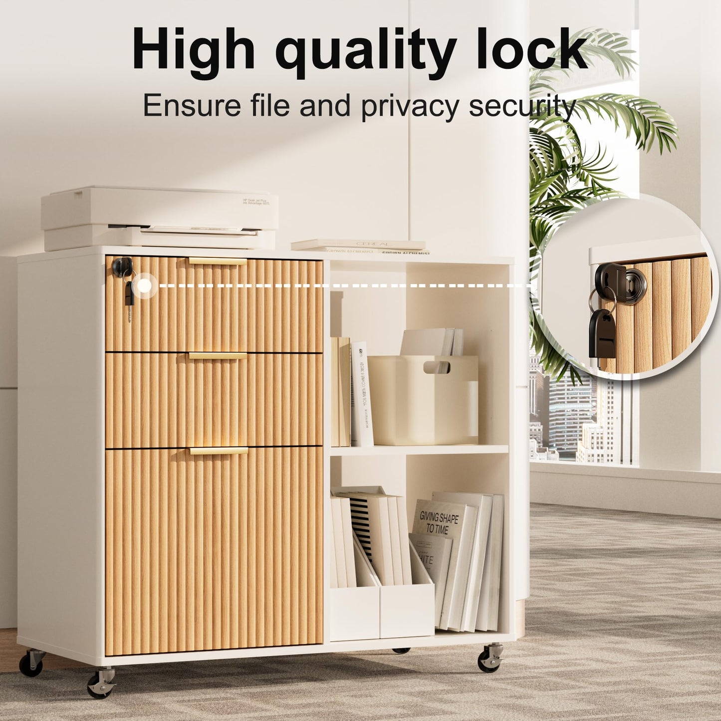 3 Drawer Fluted Mobile Filing Cabinet with Lock, Rolling File Cabinet Printer Stand Table, Under Desk Wooden Printer Stand for Home Office Essentials Storage Organization Furniture Letters/A4(OAK)