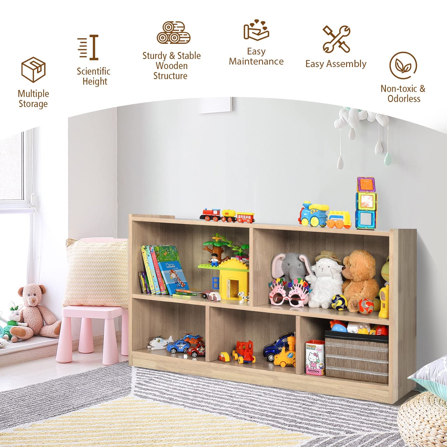 Costzon 2-Shelf Bookcase for Kids, Wooden Toy Storage Organizer for Books Toys, 5-Section Freestanding Classroom Daycare Montessori Bookshelf for Preschool, Home Playroom & Kindergarten