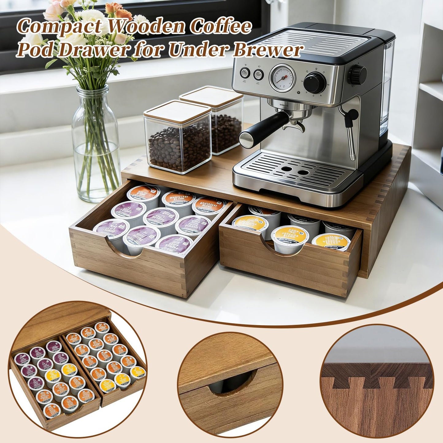 YAOYAO LAND Wooden K Cup Organizer, Coffee Pod Storage Box and Tea Organizer Holder, K Pod Drawer Under Brewer Coffee Maker Machine Stand, Organizador De Cafe, 30 Pod Capacity (Natural Wood)