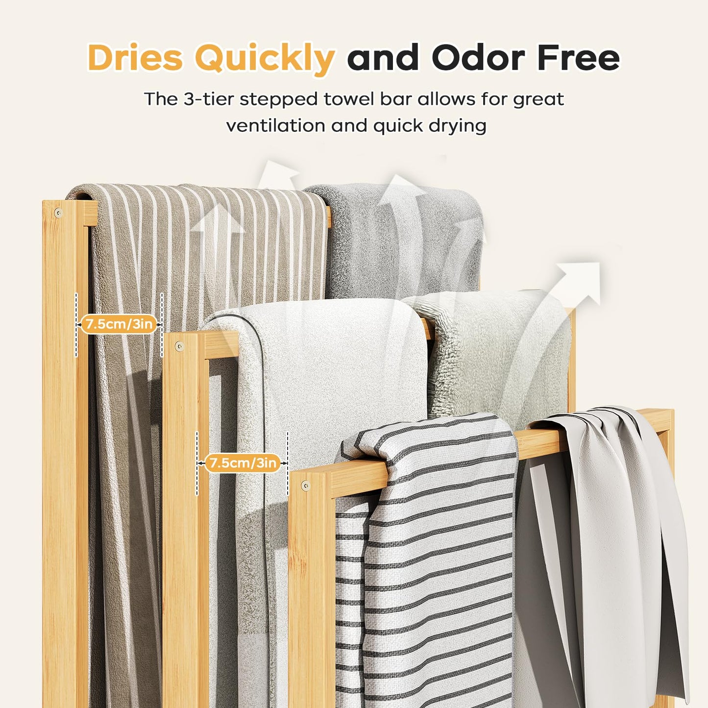 oakvivo Free Standing Towel Rack, 3 Tier Bamboo Blanket Rack for Bathroom, Blanket Drying and Display Racks with Shelf, Blanket Holder for Oversized Bath Towels (Natural)