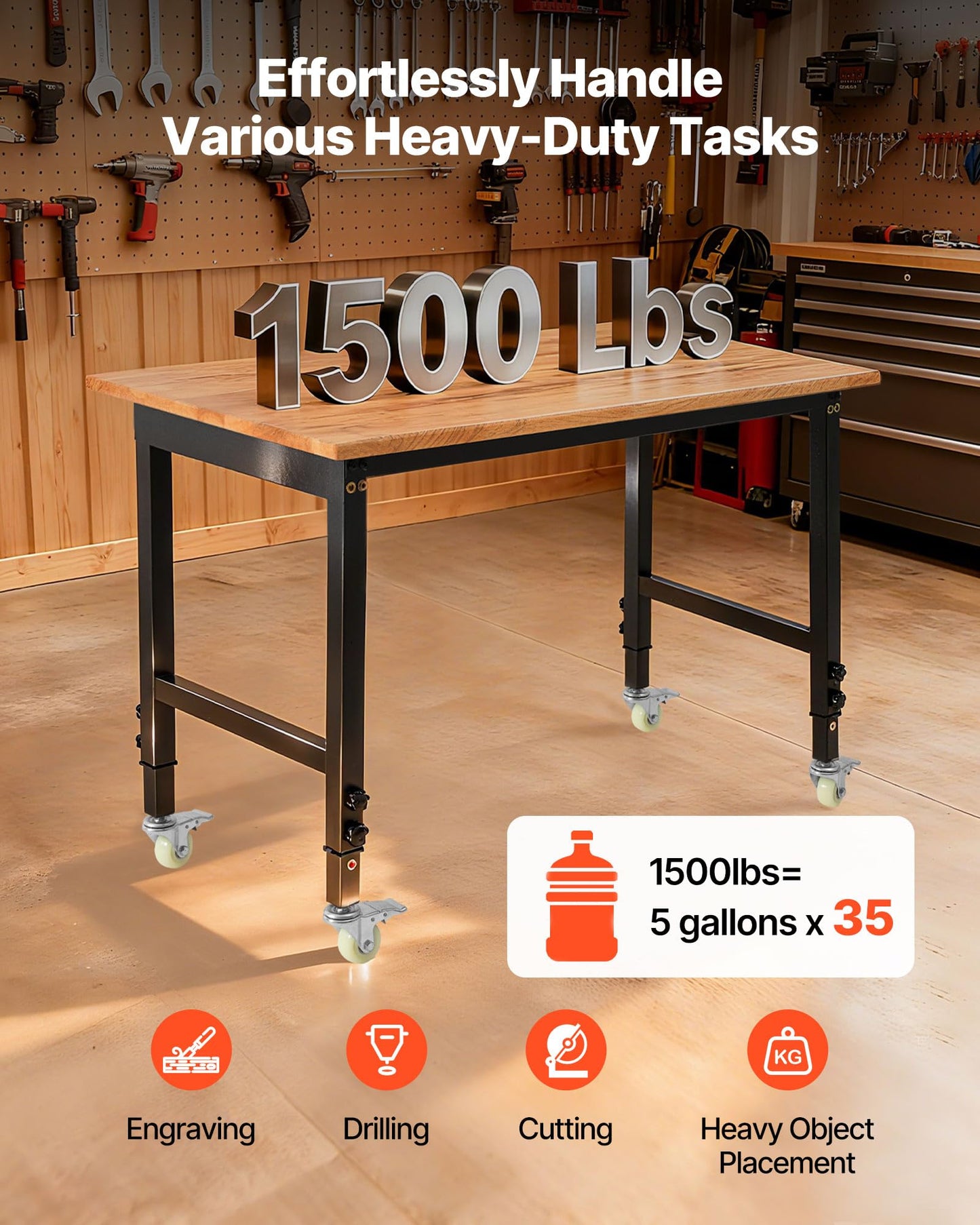 VEVOR Adjustable Workbench on Wheels, 1500 lbs Capacity, 48 x 24 Inch Oak Wood Top Workbench with 28.5-42.3 Inch Height Adjustment, Heavy-Duty Hardwood Worktable for Garage, Workshop, Home, Office