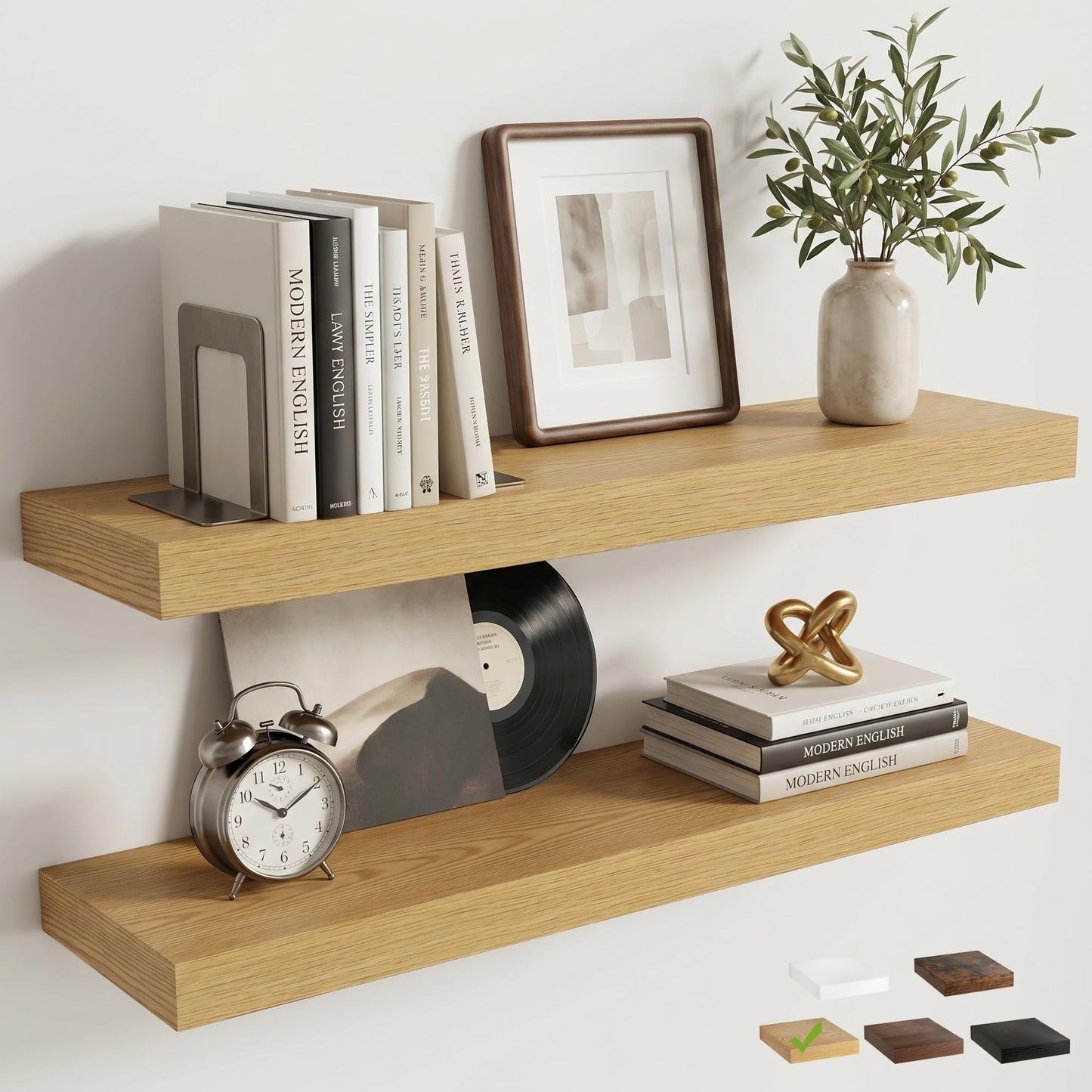 Venusmiles Floating Shelves for Wall, 24 Inch Floating Shelves Set of 2, 6.5" D Wooden Wall Mounted Display Shelves with Invisible Brackets for Living Room, Bedroom, Bathroom, Kitchen Decor, Oak