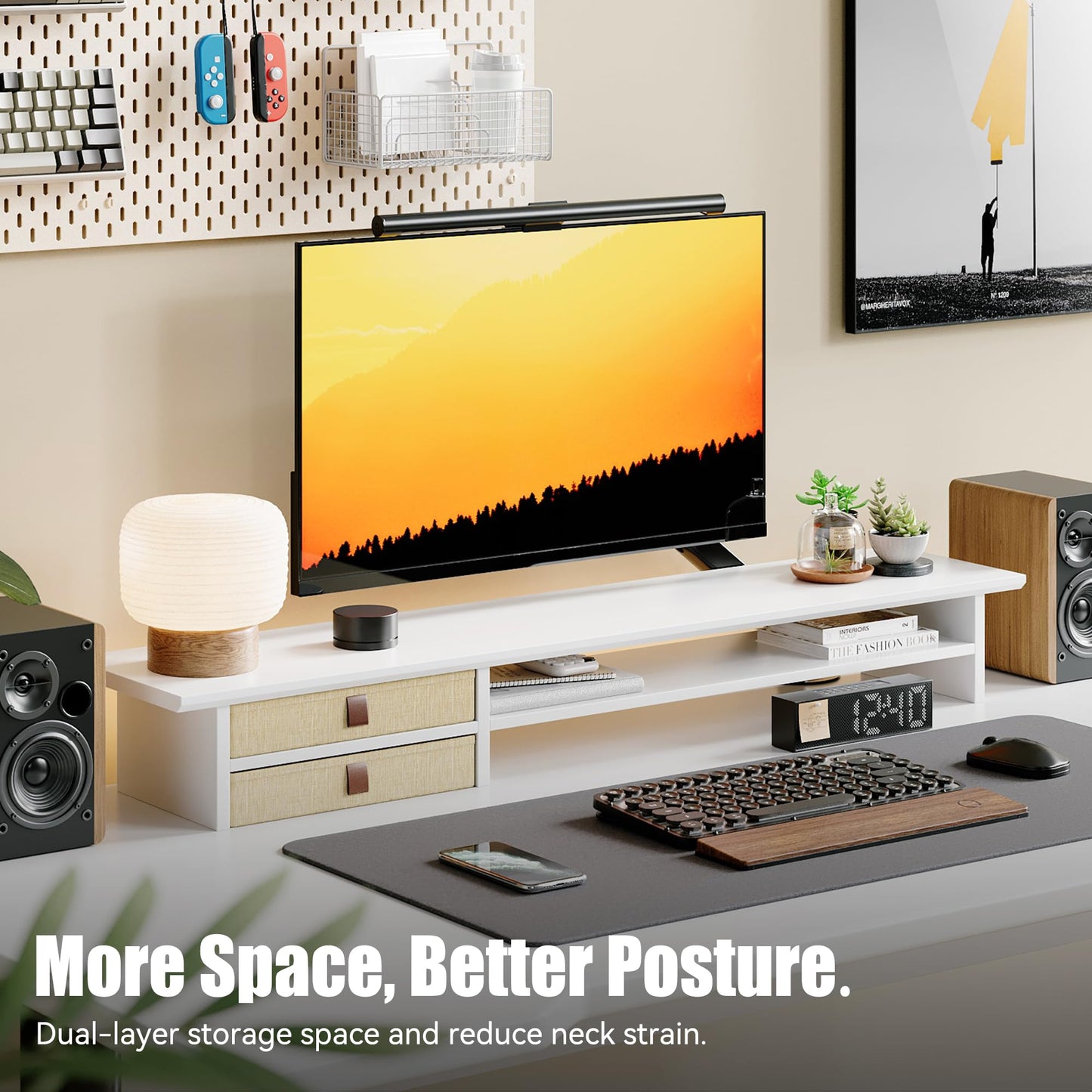 FENSULN Dual‑Tier Monitor Stand Riser with Drawers, Desktop Organizer Shelf Storage for Computer Screen 2 Monitors, Supports for PC Computer Monitor, Printer, Heavy TV Riser White
