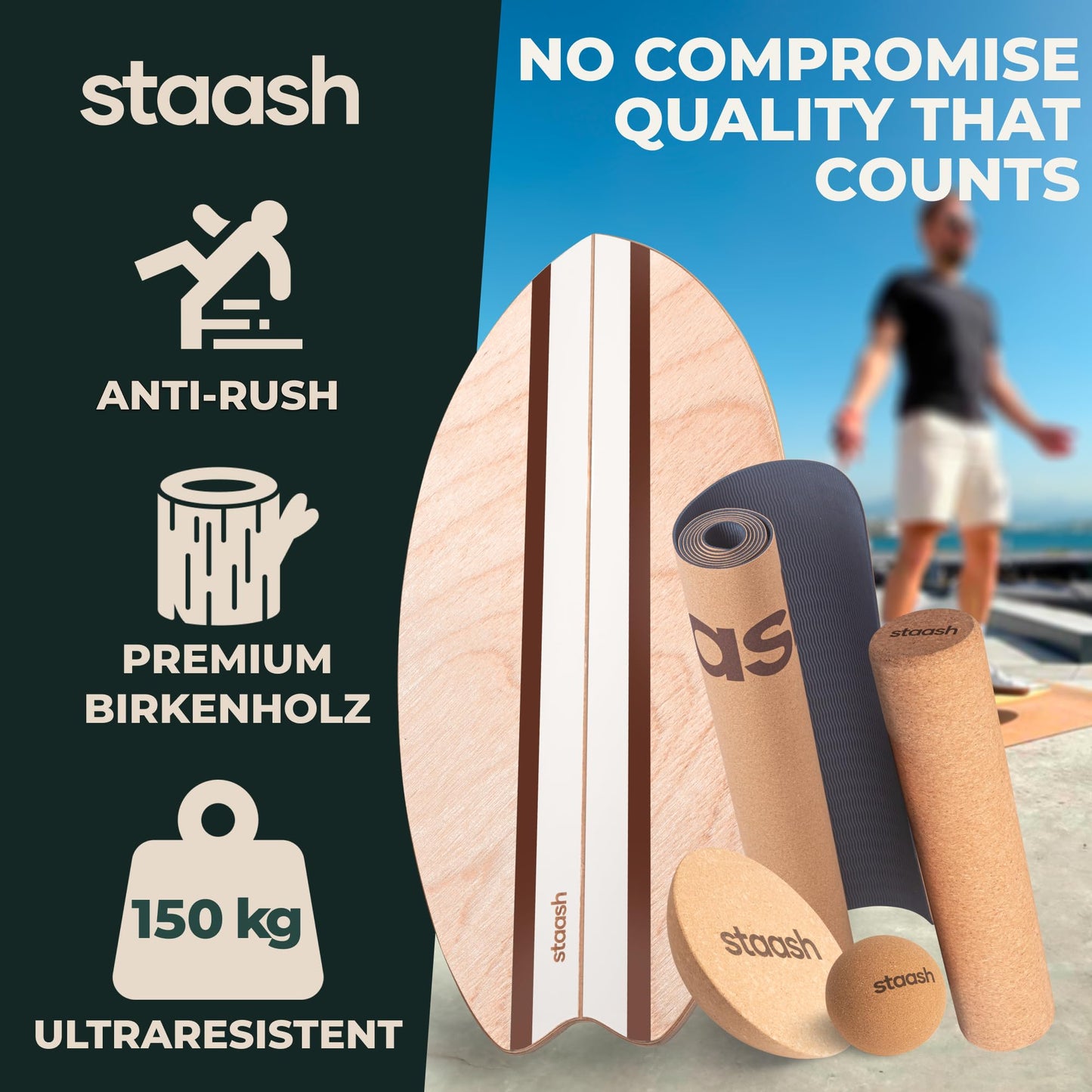 STAASH® Birch Wood Balance Board Full Kit – Wobble Trainer with Cork Roller, Mat, Ball & Disc – Eco-Friendly Core Trainer for Surf, Yoga, Fitness, Rehab – Video Library Included (Cacao)
