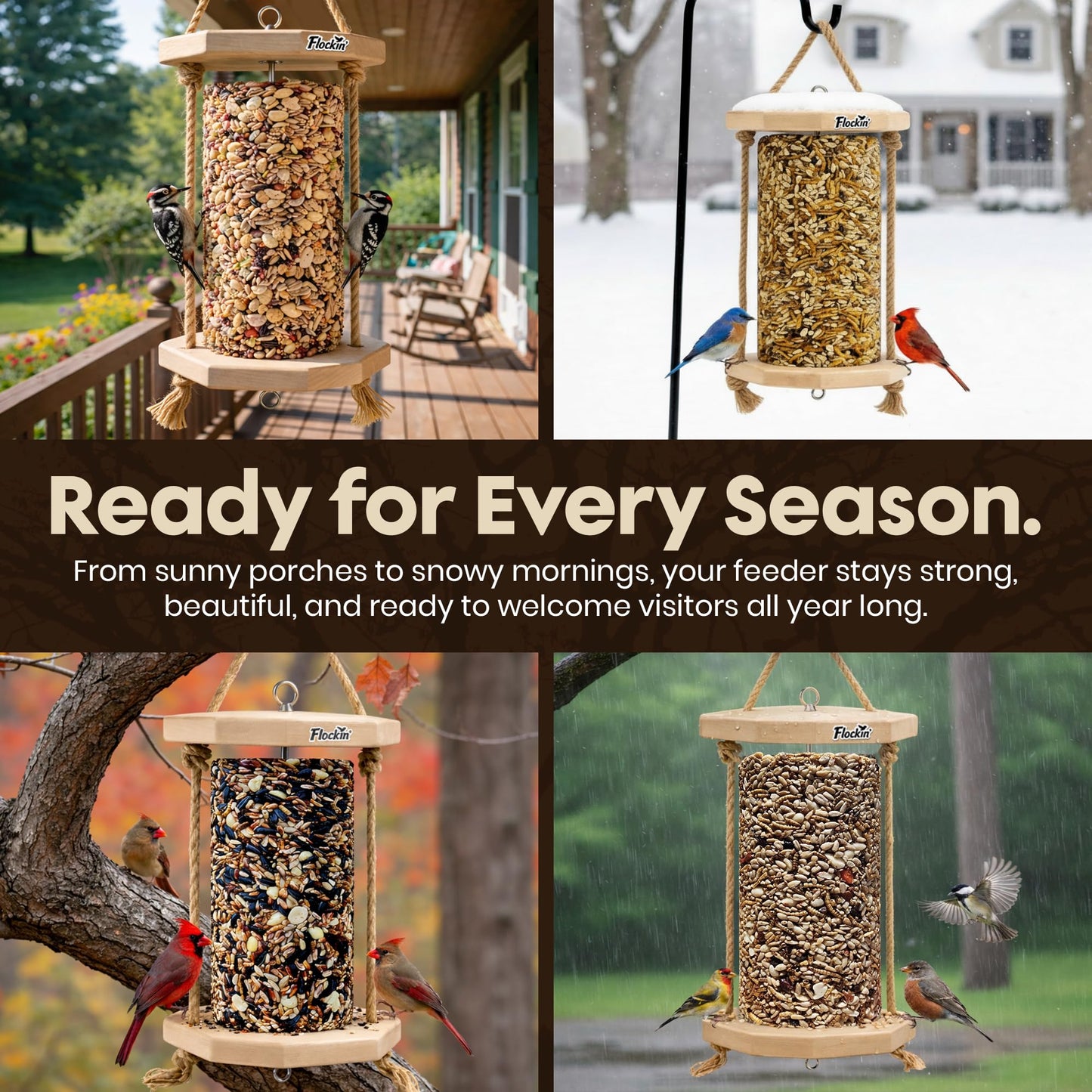 Cylinder Bird Feeders for Outdoors - Weather Resistant Wood Cylinder Feeder with a Bird Safe Protective Clear Finish - Holds Bird Seed Cylinders with Hole, Logs, & Birdseed Cakes