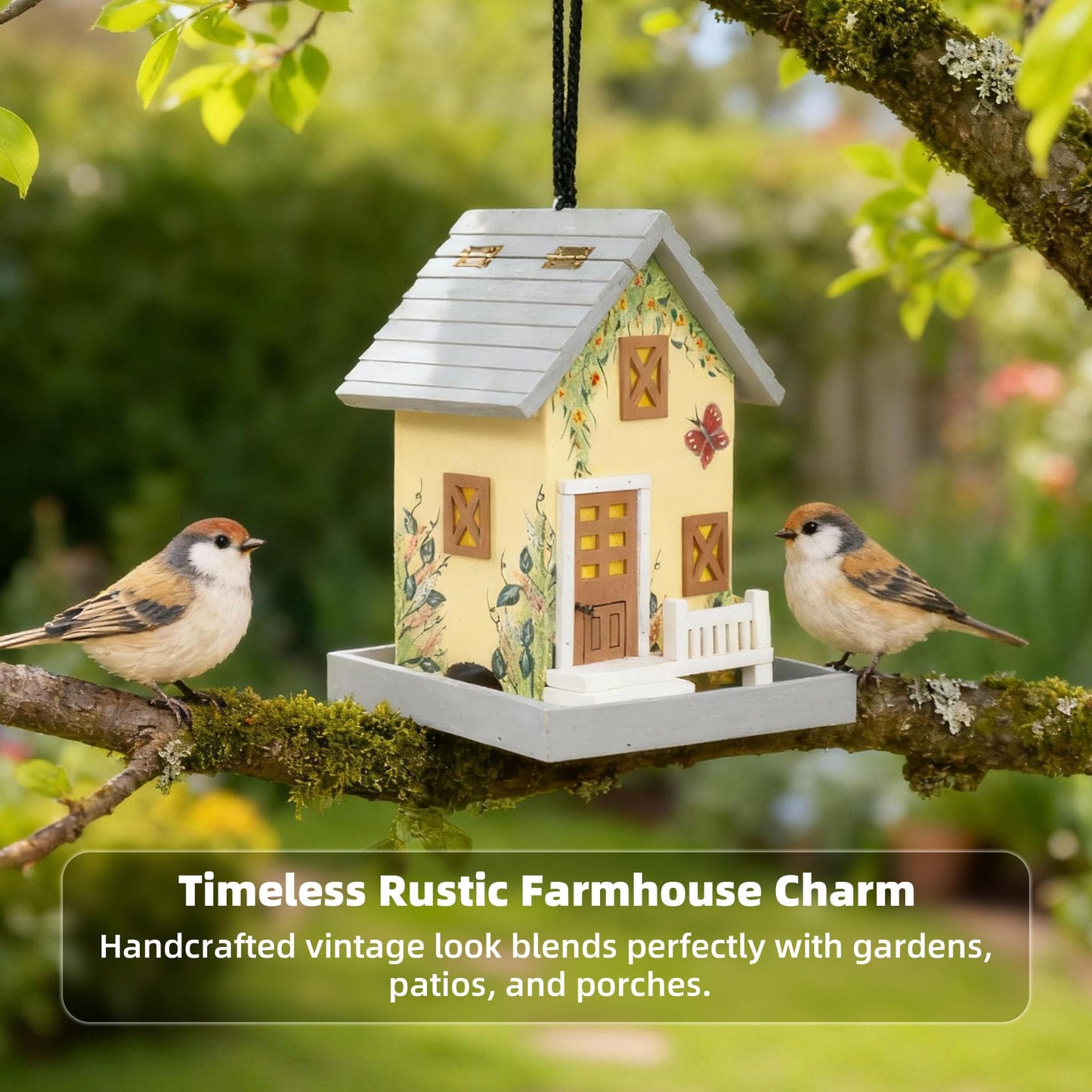MEWANG Outdoor Hanging Bird Feeder, Decorative Wooden Bird House Without Camera for Hummingbirds, Cardinals & Bluebirds (Light Yellow)