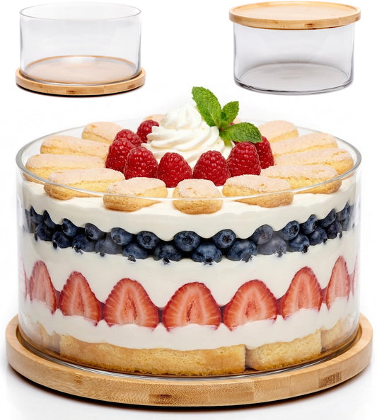 25DOL Extra Large 10 inch Clear Glass Salad Bowl Dish【Hand Blown】 Dual Function Bamboo Lid - Mixing Bowl for Salads, Dessert, Fruit, Punch - Centerpiece Large Serving Bowls - Airtight Lid