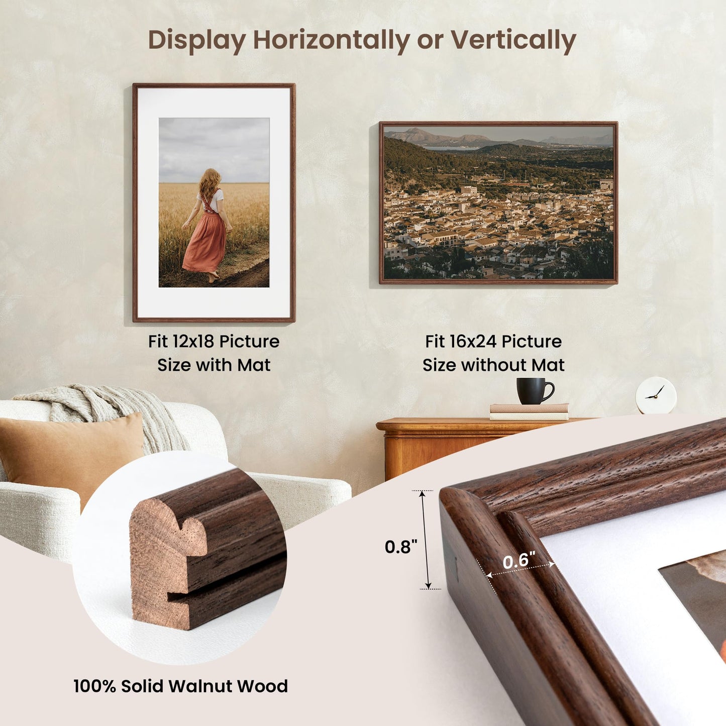 16x24 Poster Frame, Natural Solid Walnut Wood Picture Frame with High Tempered Glass, Handcrafted Rounded Corner 16 by 24 Wooden Frame Matted to 12x18 Photo for Horizontal or Vertical Wall Mounting