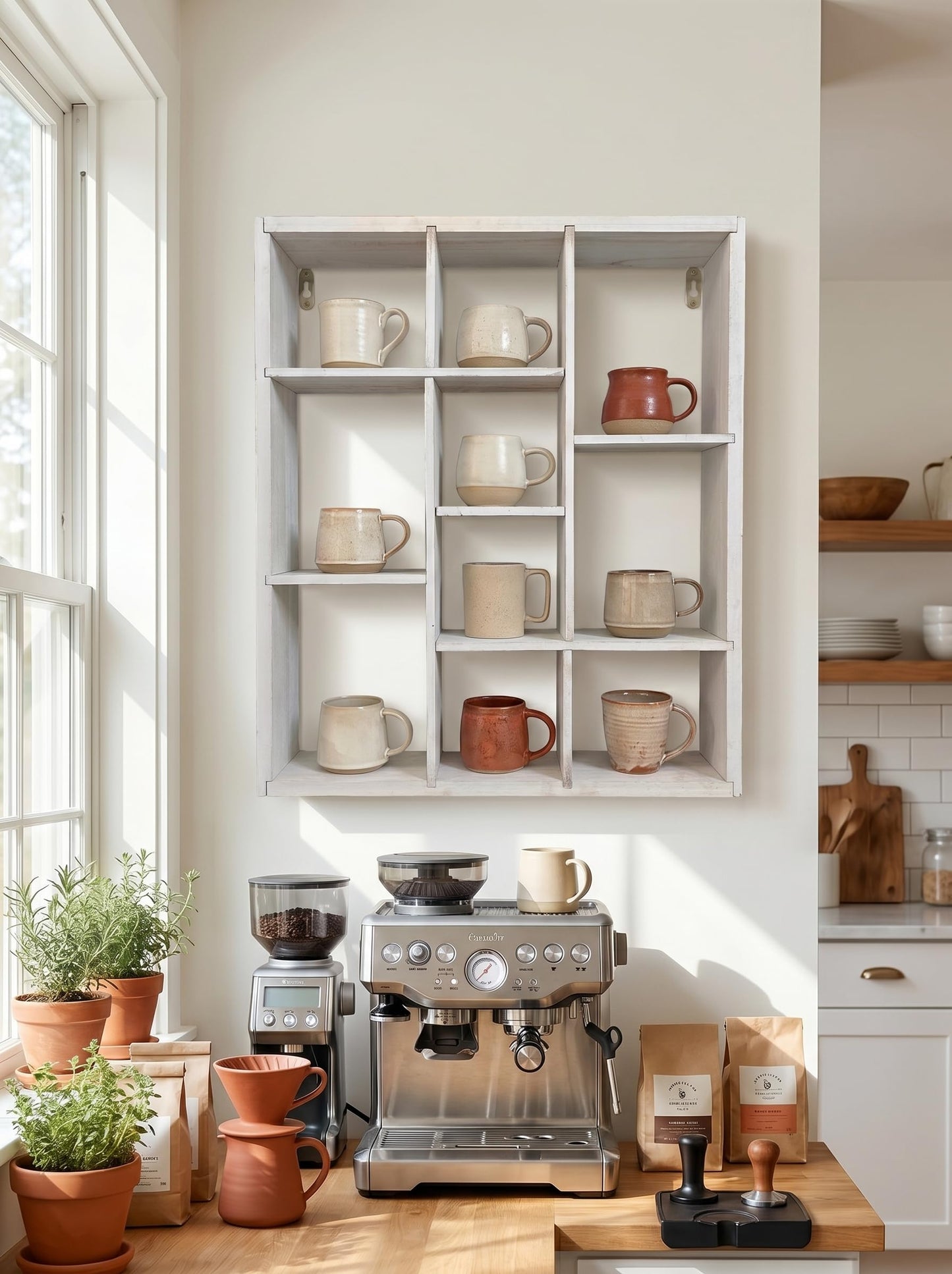 YIYUESHIJIU Coffee Mug Display Rack,19 X 24 in Rustic Wooden Shot Glass Display case Oversize Mug Holder for Collectible Mugs, Kitchen, Office or Coffee Bar Decor (Old White)