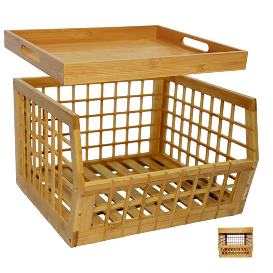 altCooking Hub Bamboo Stackable, Open Front, Medium Storage Bins with Serving Tray Lid