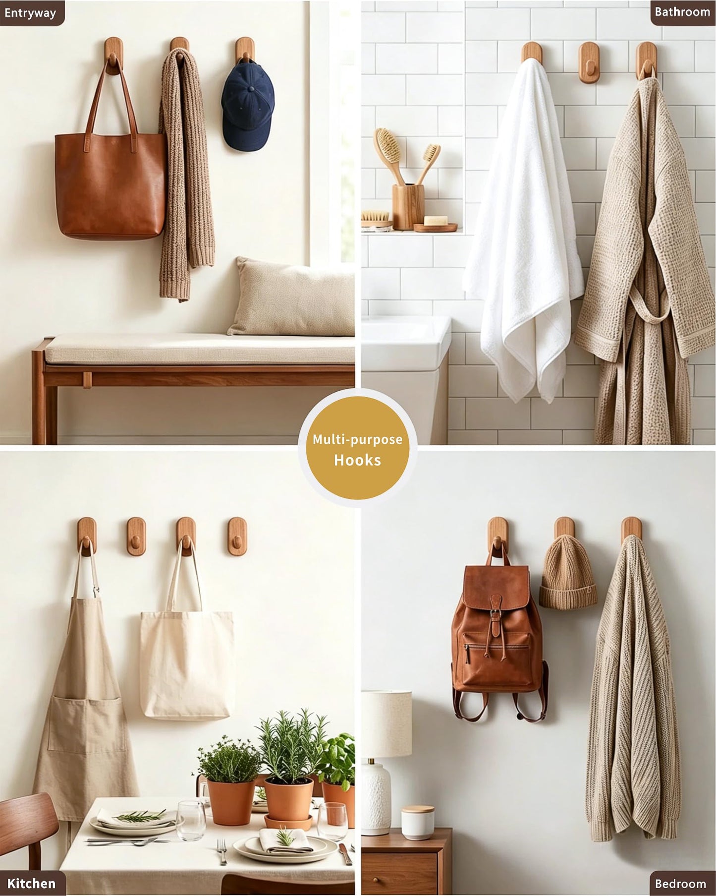 FCOWK Wooden Wall Hooks for Hanging - 4 Pack Heavy Duty Coat Hooks Wall Mount- Solid Natural Wood Hat, Bag, Backpack & Towel Hooks - Modern Key Holder for Bathroom & Entryway (Beech)