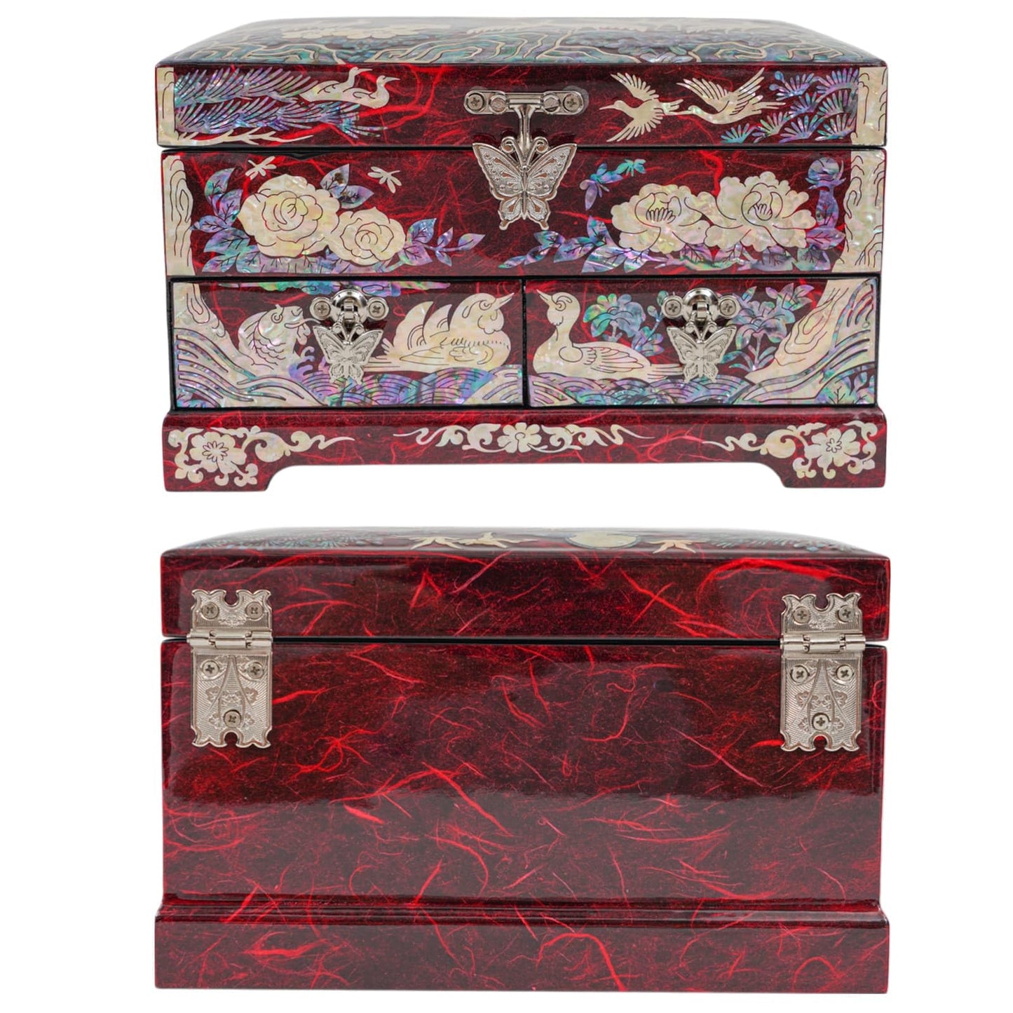 February Mountain Korean Mother of Pearl Jewelry Box – 2-Drawer Keepsake Box with Mirror, Traditional Oriental Trinket Organizer – Gift for Women, Mom, Wife, Anniversary (Crane and Pine tree - Red)