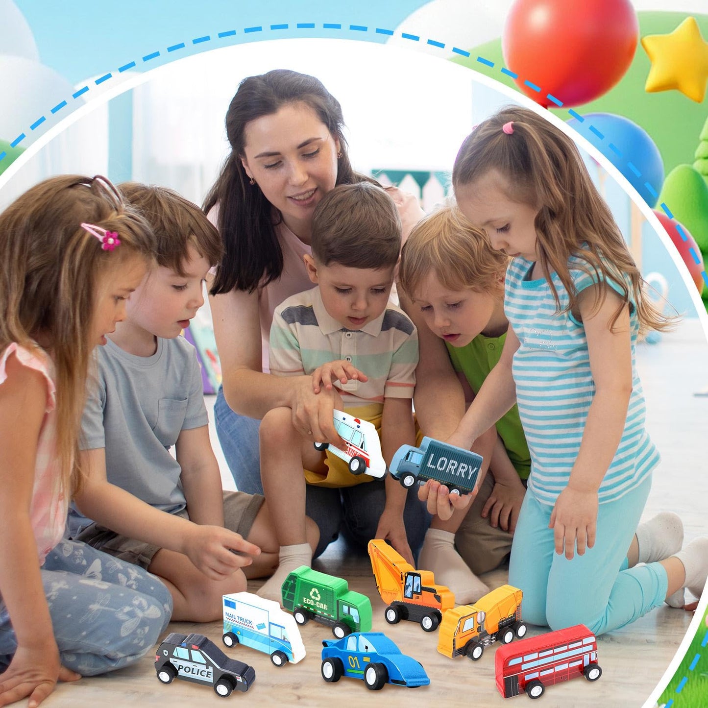 Blosssound 20 Pcs Wooden Car Vehicle Set for Toddlers Wooden Vehicle Community Helpers Toys with Police Fire Trucks Ambulance Car Toys Gift for Kids Preschool Classroom Educational Activity