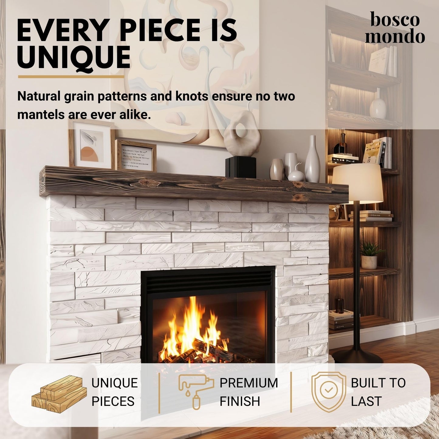 BoscoMondo Solid Wood Fireplace Mantel Shelf, Floating Mantle for Living Room, Farmhouse Rustic Wood Mantel, Easy Wall Mount with Heavy-Duty Metal Bracket (48", Walnut)