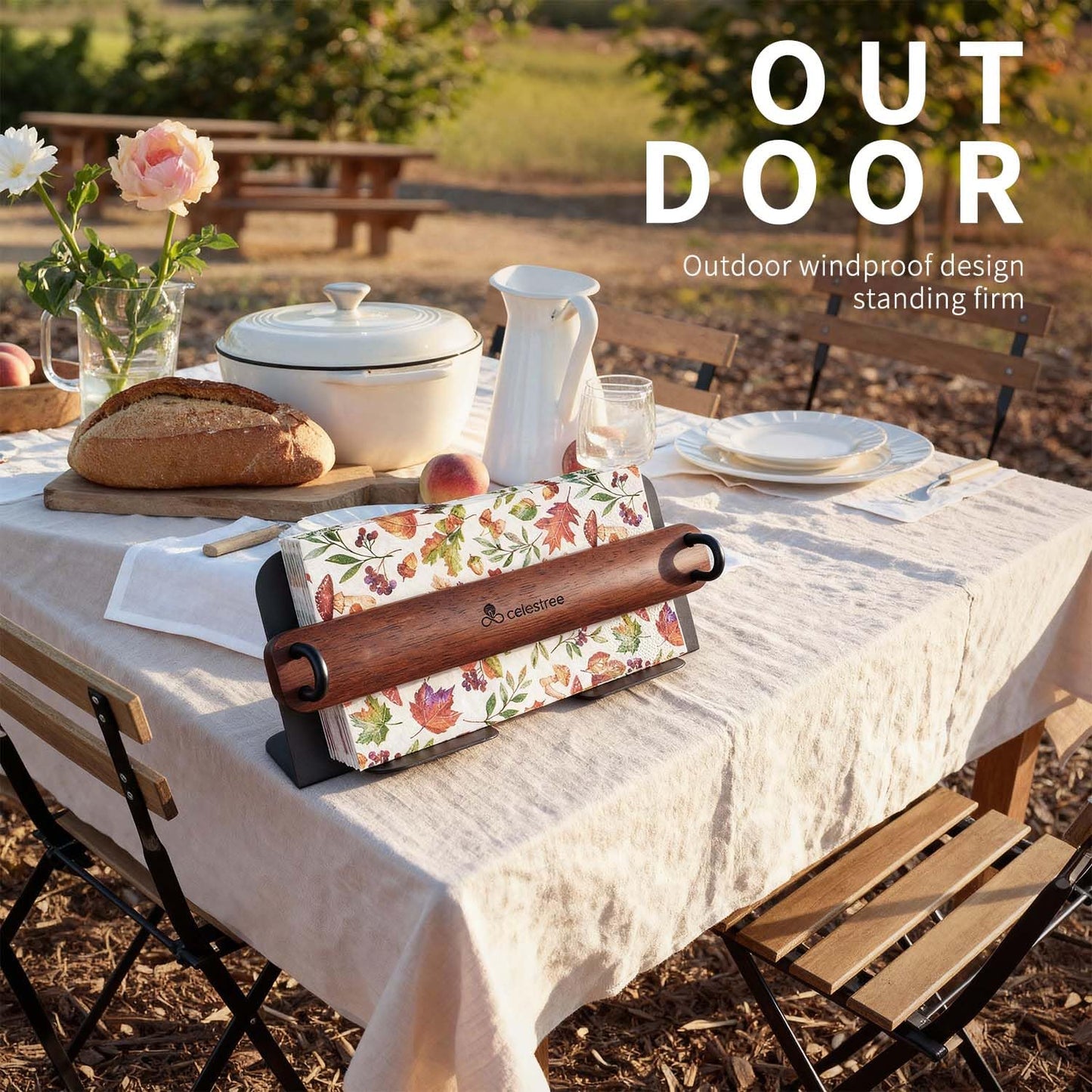 Celestree Napkin Holder for Table - Guest Towel Holder Tray for Bathroom Rectangular Wood and Iron Tray with Weighted Arm, Windproof Organizer for Kitchen Dining Table