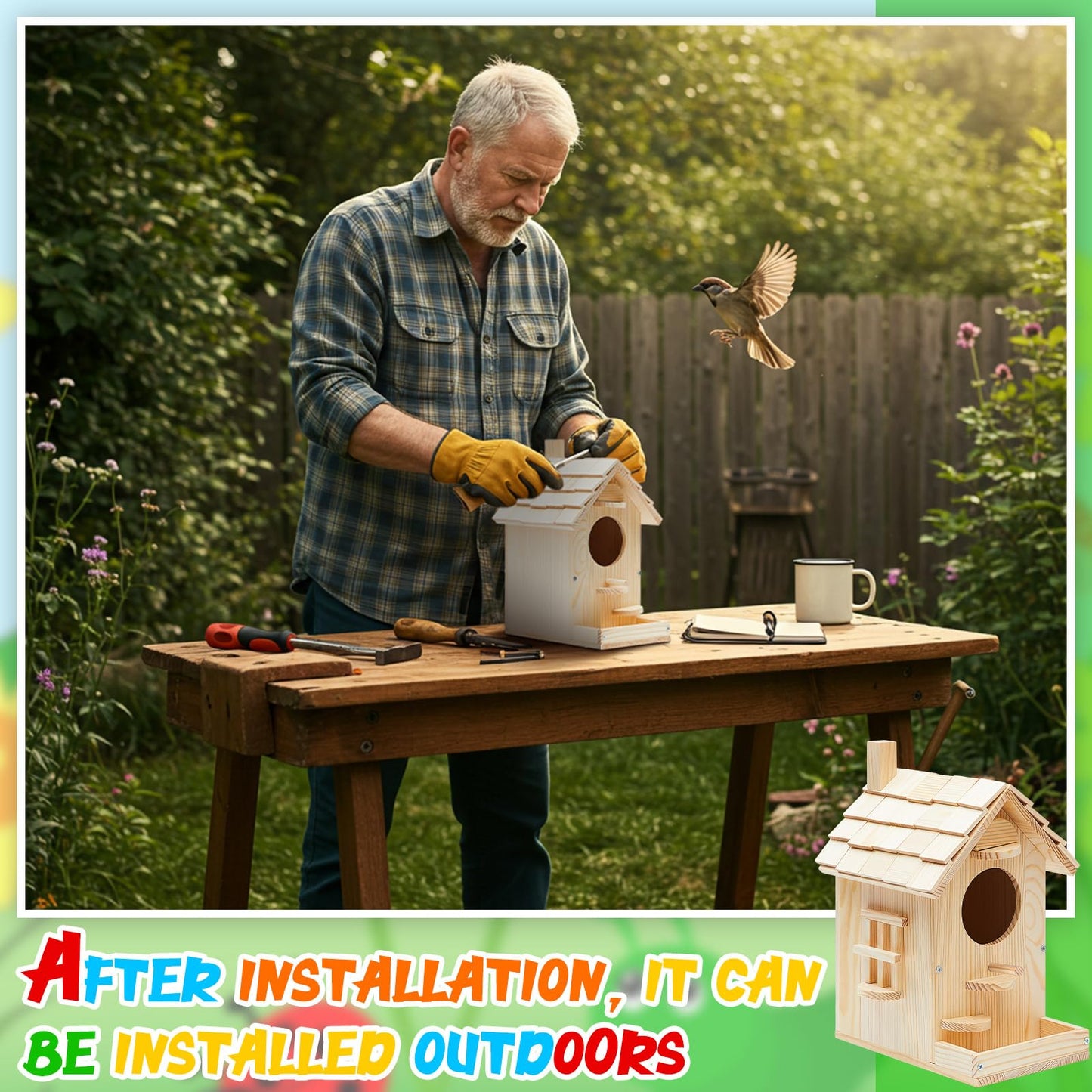 Liliful Wooden Bird House Kits, Build It Yourself Woodworking Kit for Adult Kids 4-8, 8-12 with Paint and Paintbrushes, Solid Weather Proof Natural Pine Wood, Pre Drilled (1 Pack,Modern Style)