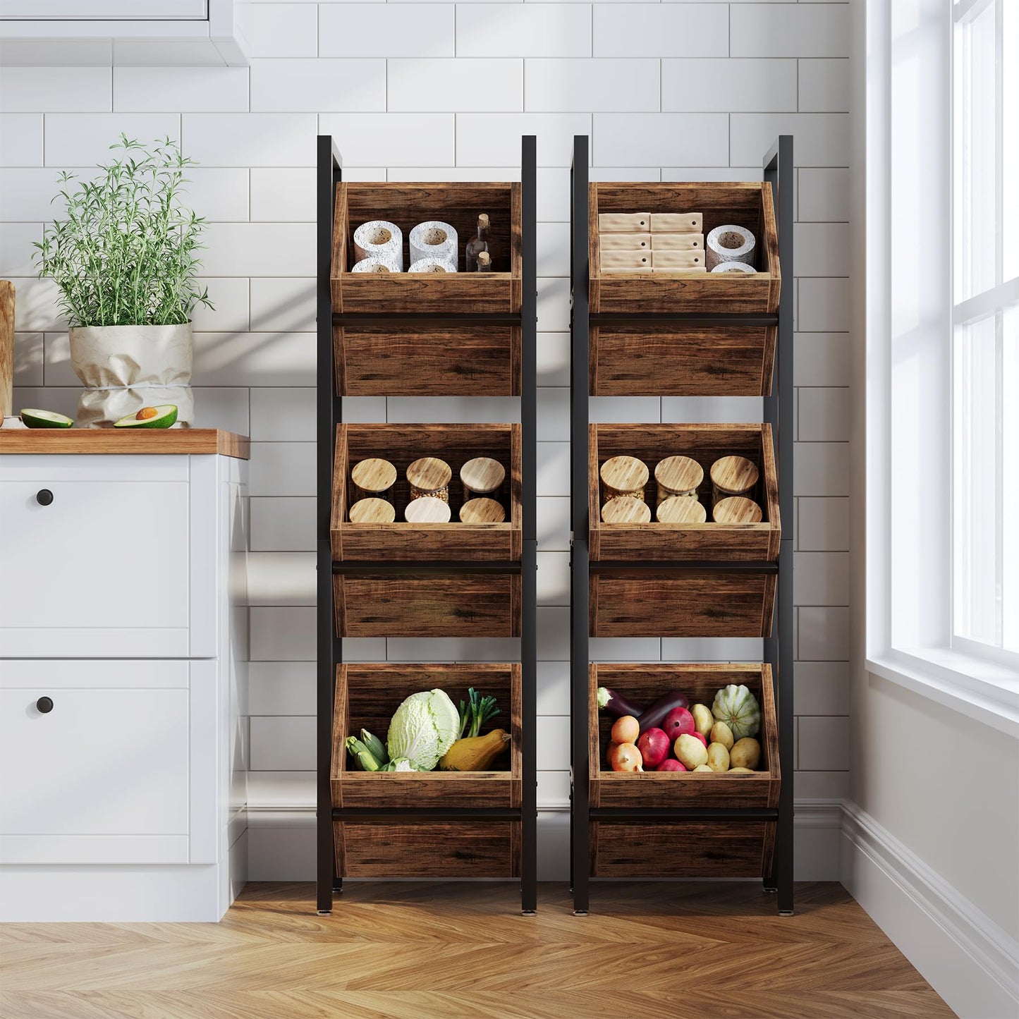 LITTLE TREE 3-Tier Basket Stand, Wooden Floor Stand Shelving Unit, Standing Organizer Storage Rack for Kitchen, Bathroom, Living Room (Rustic)