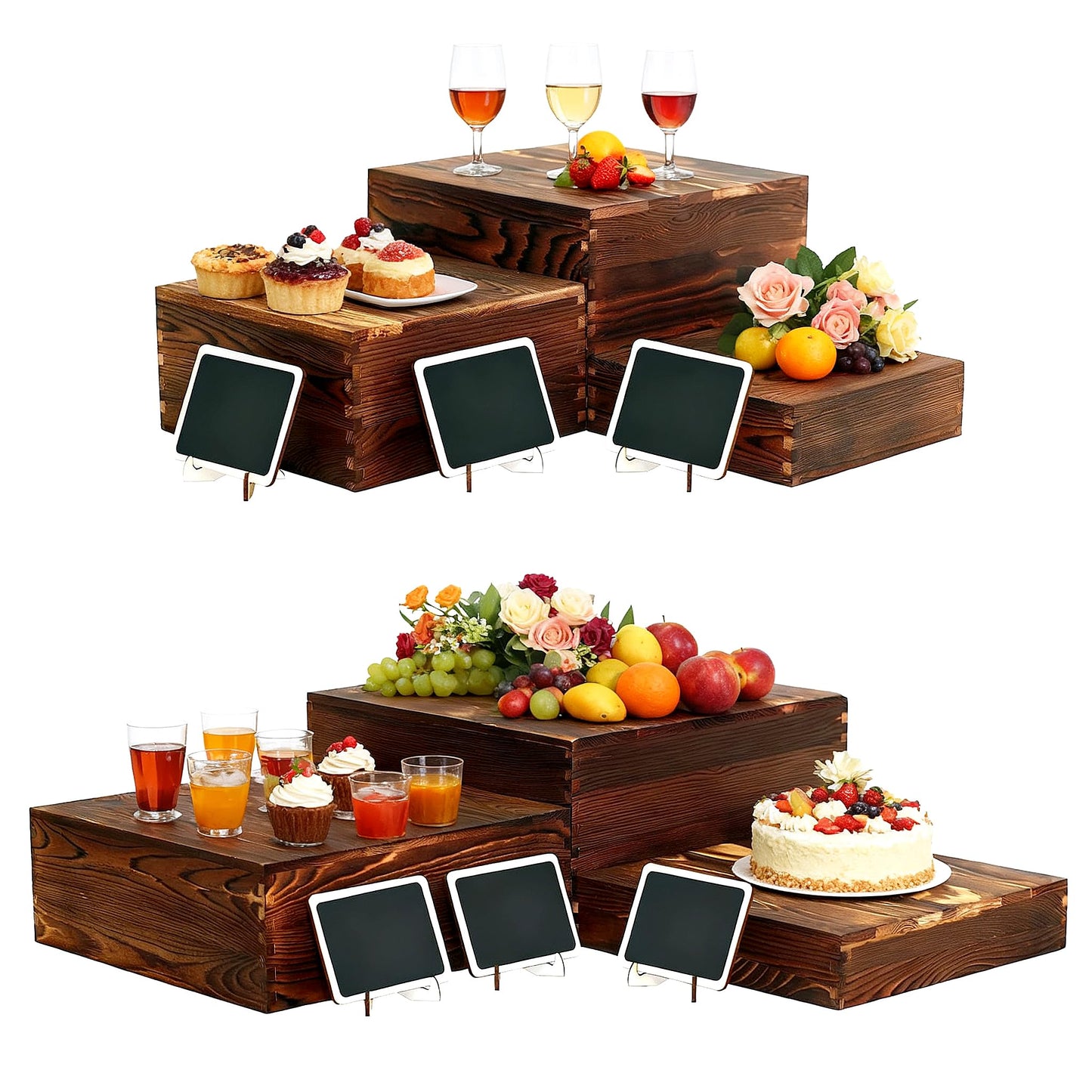 6 Pack Wooden Buffet Risers Rustic Wood Cupcake Stand Catering Supplies Buffet Display with Mini Signs Food Risers for Buffet Table Dessert Display Stand for Home Decor Party Wedding Birthday